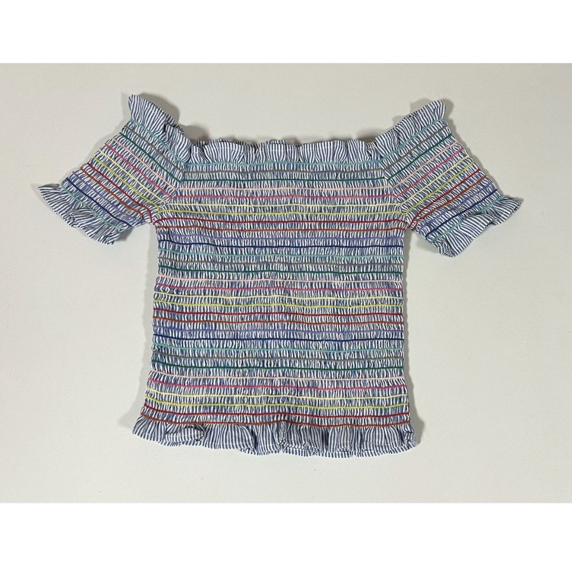 Pool House New York Blue Rainbow Striped Off-The-Shoulder Shirt Top Size S 🌈✨ Size S / US 4 / IT 40 - 1 Thumbnail