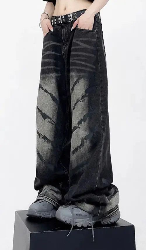 Vintage Unisex Black Tie Dye Graffiti Pattern Jean