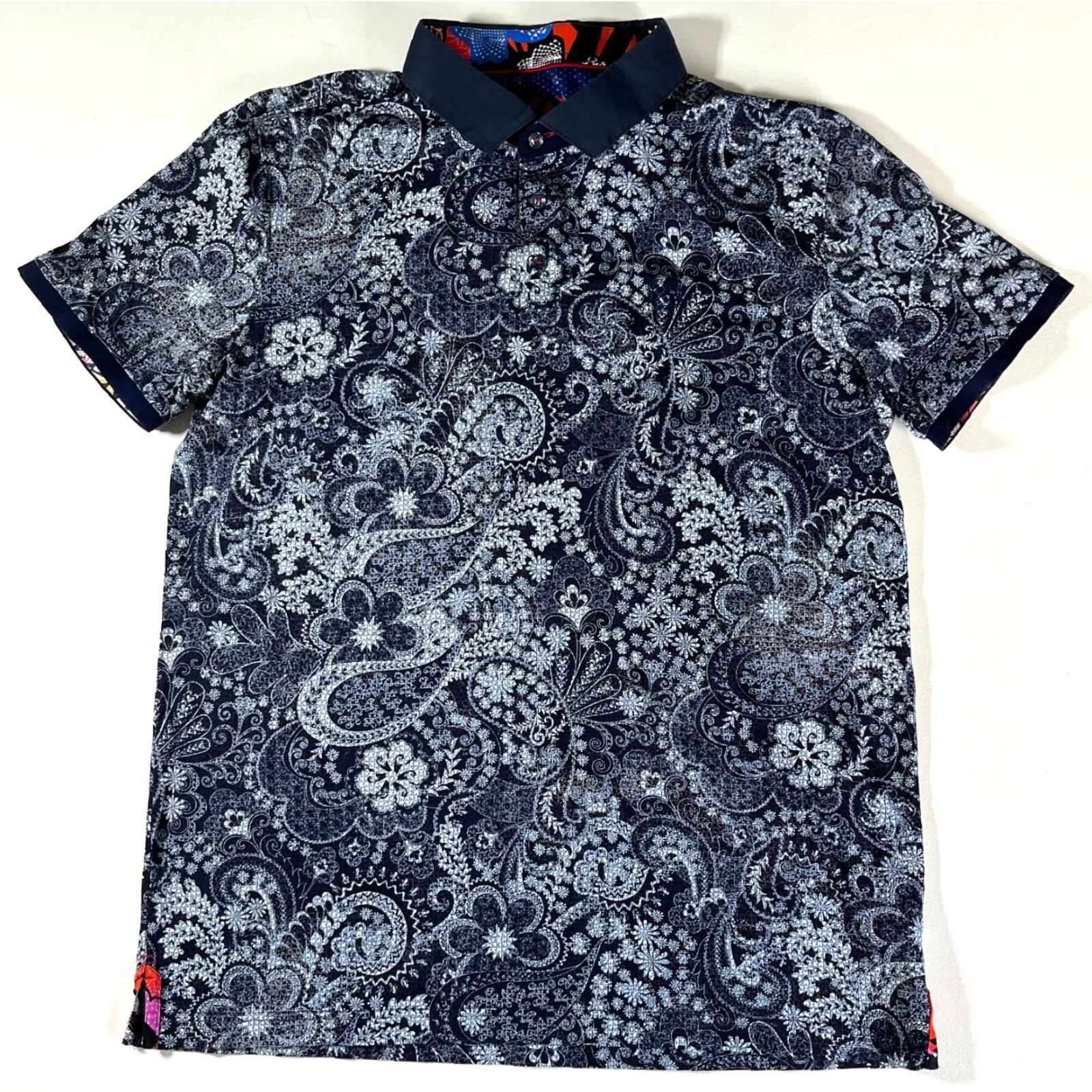 Au Noir Au Noir Polo Shirt Navy Vector Polo Shirt Mens XL Cotton Short Sleeve Collared Button 100% Mercerized Cotton Paisley Vintage City Classic Size US XL / EU 56 / 4 - 4 Thumbnail
