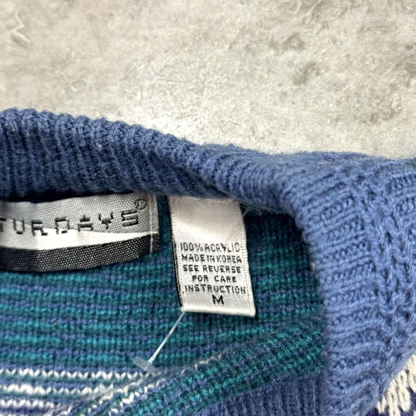 Saturdays NYC Vintage Saturdays Sweater Mens Medium Blue Teal Acrylic Knit Pattern 80s Retro Graphic Print Crew Neck Pullover Size US M / EU 48-50 / 2 - 3 Thumbnail