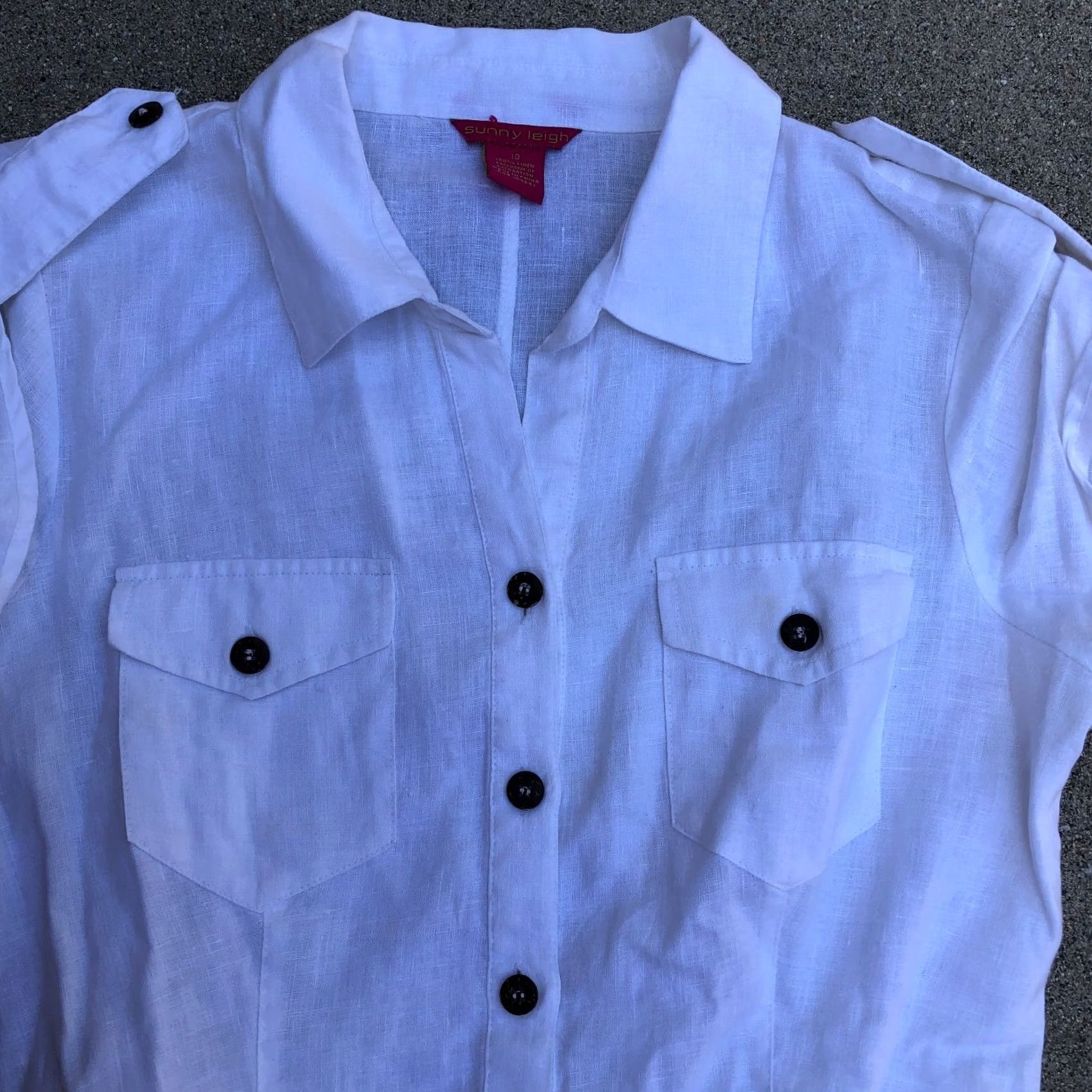 Vintage SUNNY LEIGH 100% Linen Button Dress Women's 10 White Short Sleeve A-Line Knee Length Size 32" / US 10 / IT 46 - 2 Thumbnail