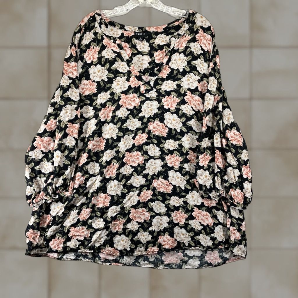 Torrid Torrid Women's Plus Size Relaxed Fit Black Rayon Blouse with Floral Print, Long Sleeve, V-Neck, Casual, Size 5, Bohemian Gothic Theme Size S / US 4 / IT 40 - 1 Thumbnail