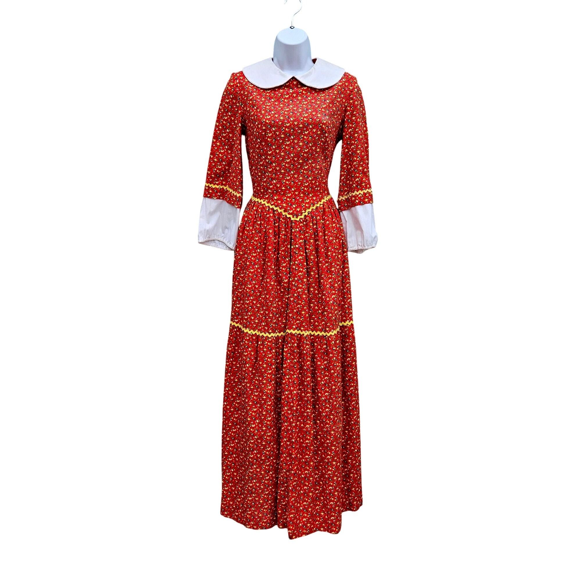 Homemade Vintage 70s Red Calico Maxi Prairie Dress Peter Pan Collar C Size XS / US 0-2 / IT 36-38 - 1 Thumbnail