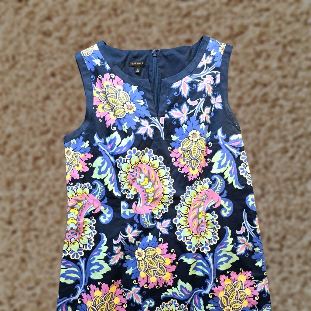 Talbots Talbots Dress Womens 10 Blue Paisley Fitted Sheath V-Neck Wool? Cotton? (from original) Size L / US 10 / IT 46 - 1 Thumbnail