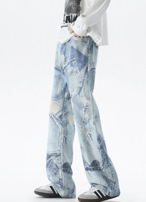 Japanese Brand Wide-leg men's loose blue printed American baggy jeans Size US 32 / EU 48 - 3 Thumbnail