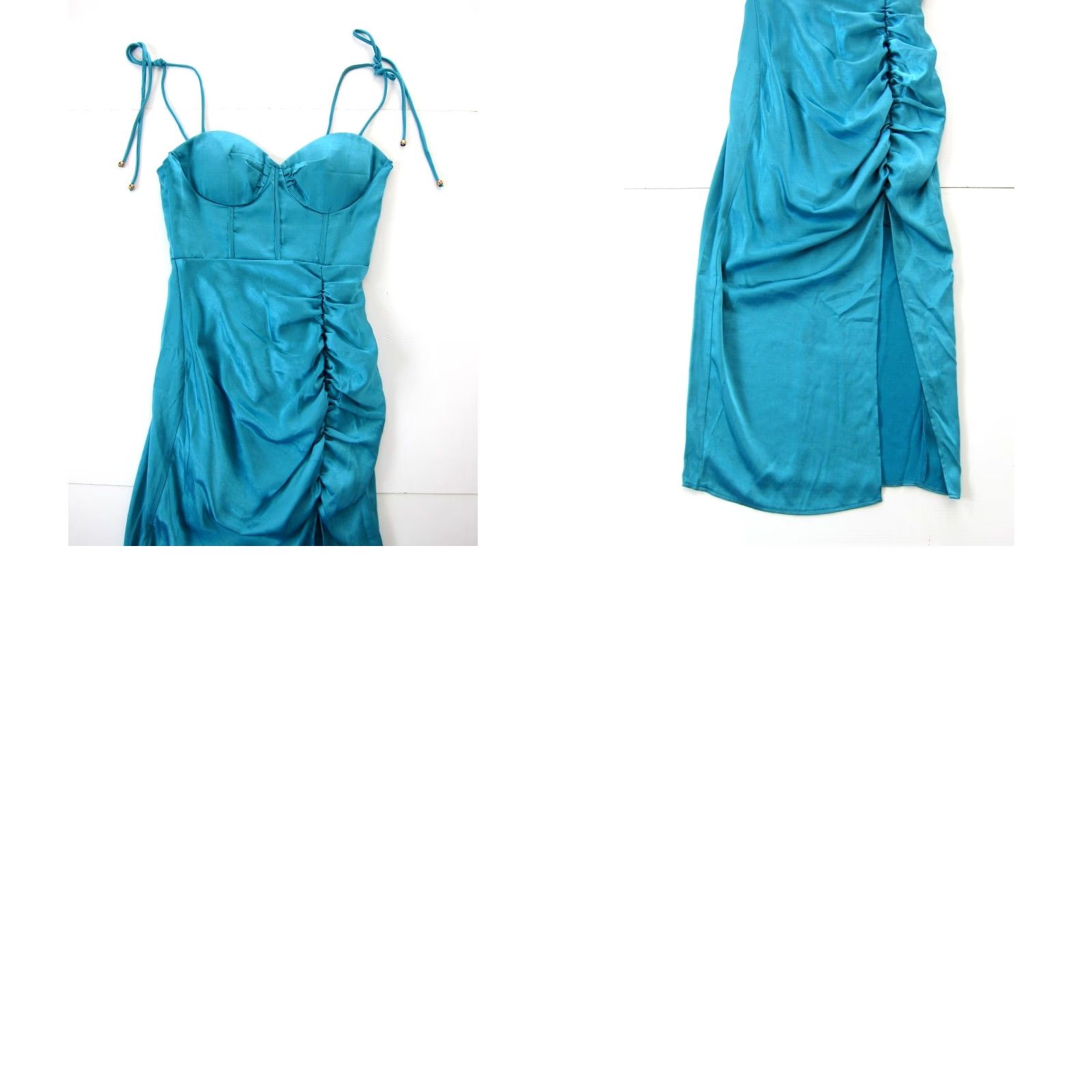 Hereu Here Comes The Sun Teal Spaghetti Strap Ruched Bustier Midi Cocktail Dress Small Size S / US 4 / IT 40 - 8 Thumbnail