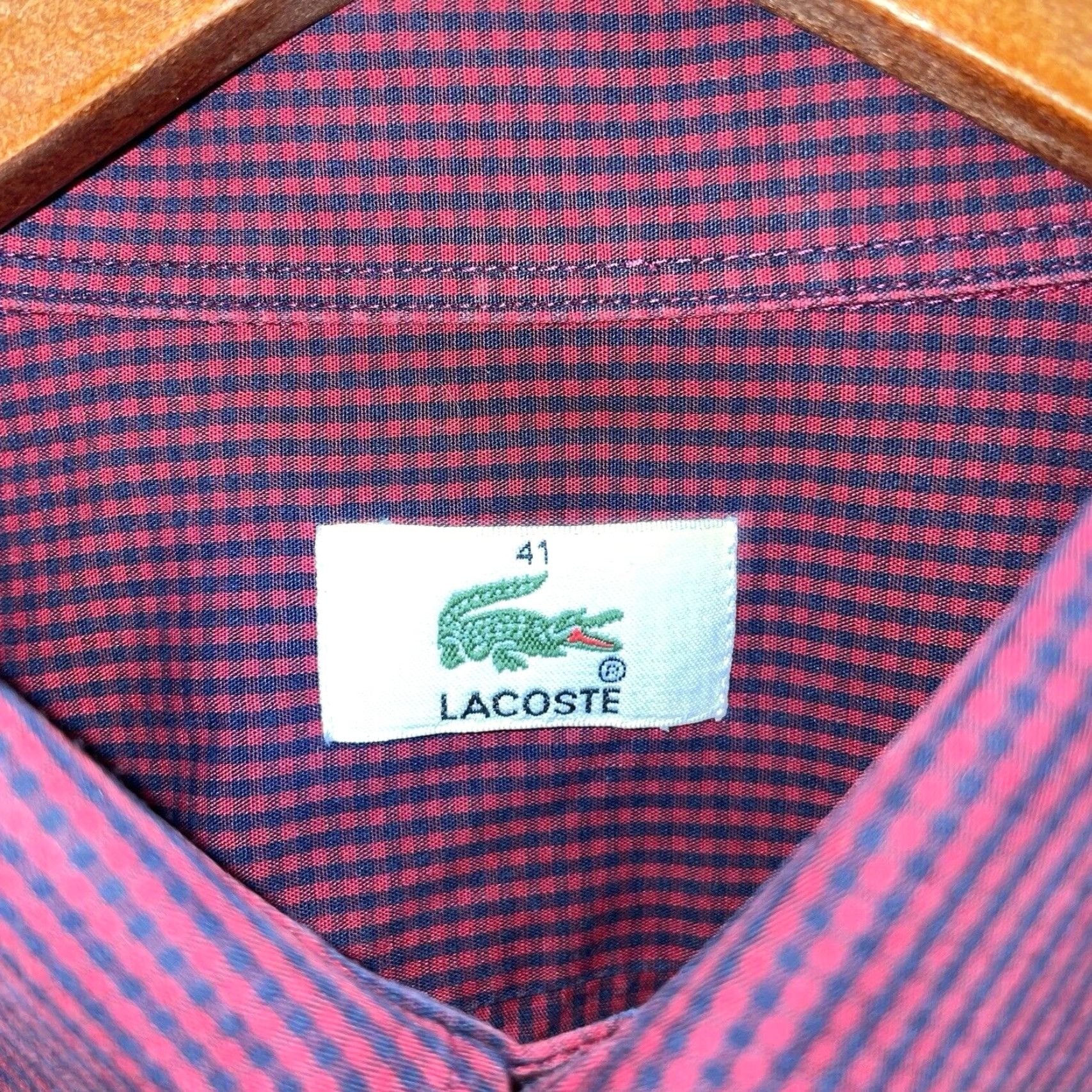 Lacoste Lacoste Shirt Mens Size 41 Long Sleeve Button-Down Dress Maroon Checkered Size 42R - 4 Thumbnail