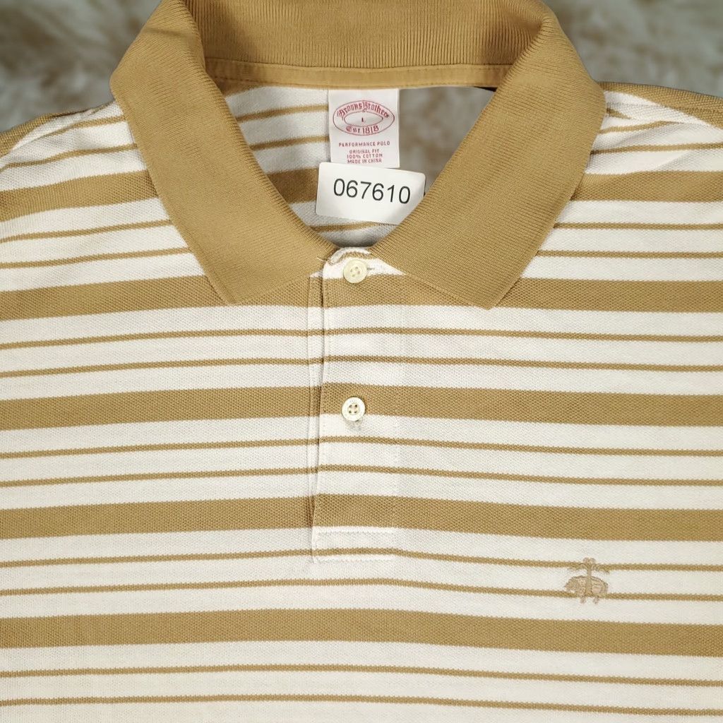 Brooks Brothers Brooks Brothers Polo Shirt Mens L Beige Striped Short Sleeve Button Collar Knit Cotton Casual Classic Preppy Modern Sports Size US L / EU 52-54 / 3 - 1 Thumbnail