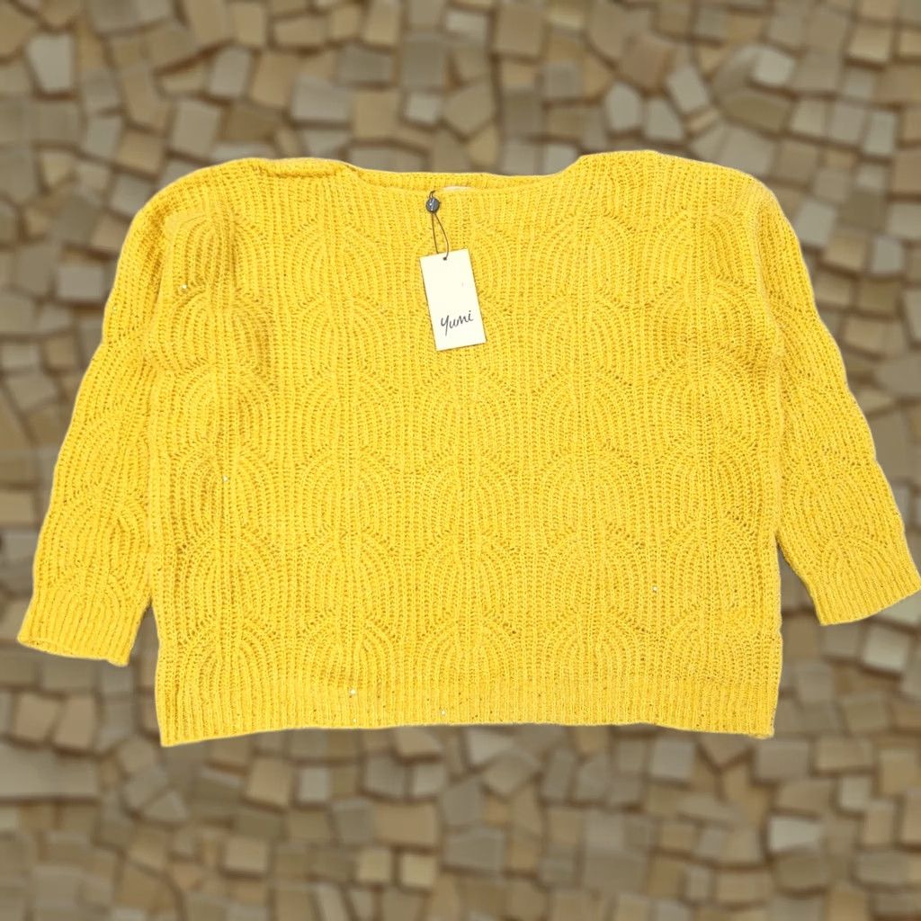 Vintage Yumi Jumper Yellow Medium Knit Pullover Sweater Wool-Free Waffle-Knit Long Sleeve Boat Neck Womens Regular Knit Pullover Casual 90s (if applicable) Size M / US 6-8 / IT 42-44 - 1 Thumbnail