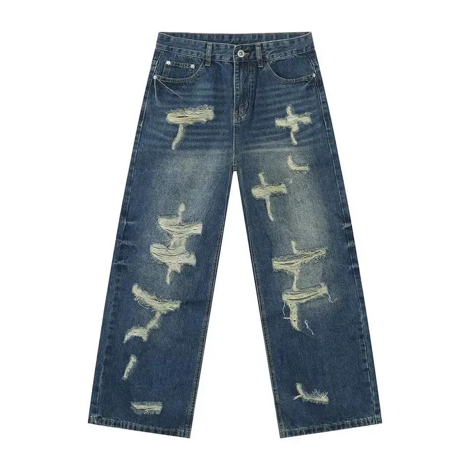 Japanese Brand Retro wide leg loose ripped jeans Size US 32 / EU 48 - 6 Thumbnail