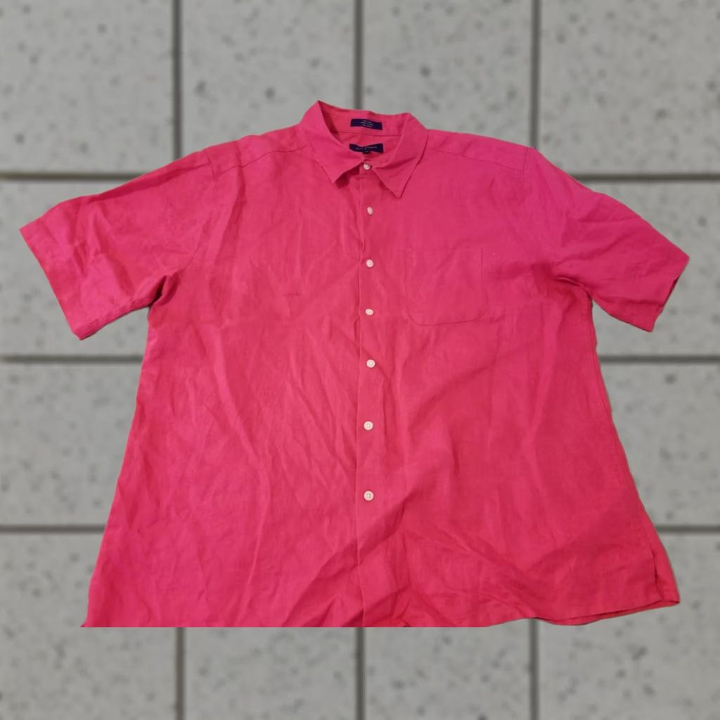 Vintage Mens Alan Flusser Red Linen Button Shirt 2XL Short Sleeve Size 48R - 1 Thumbnail