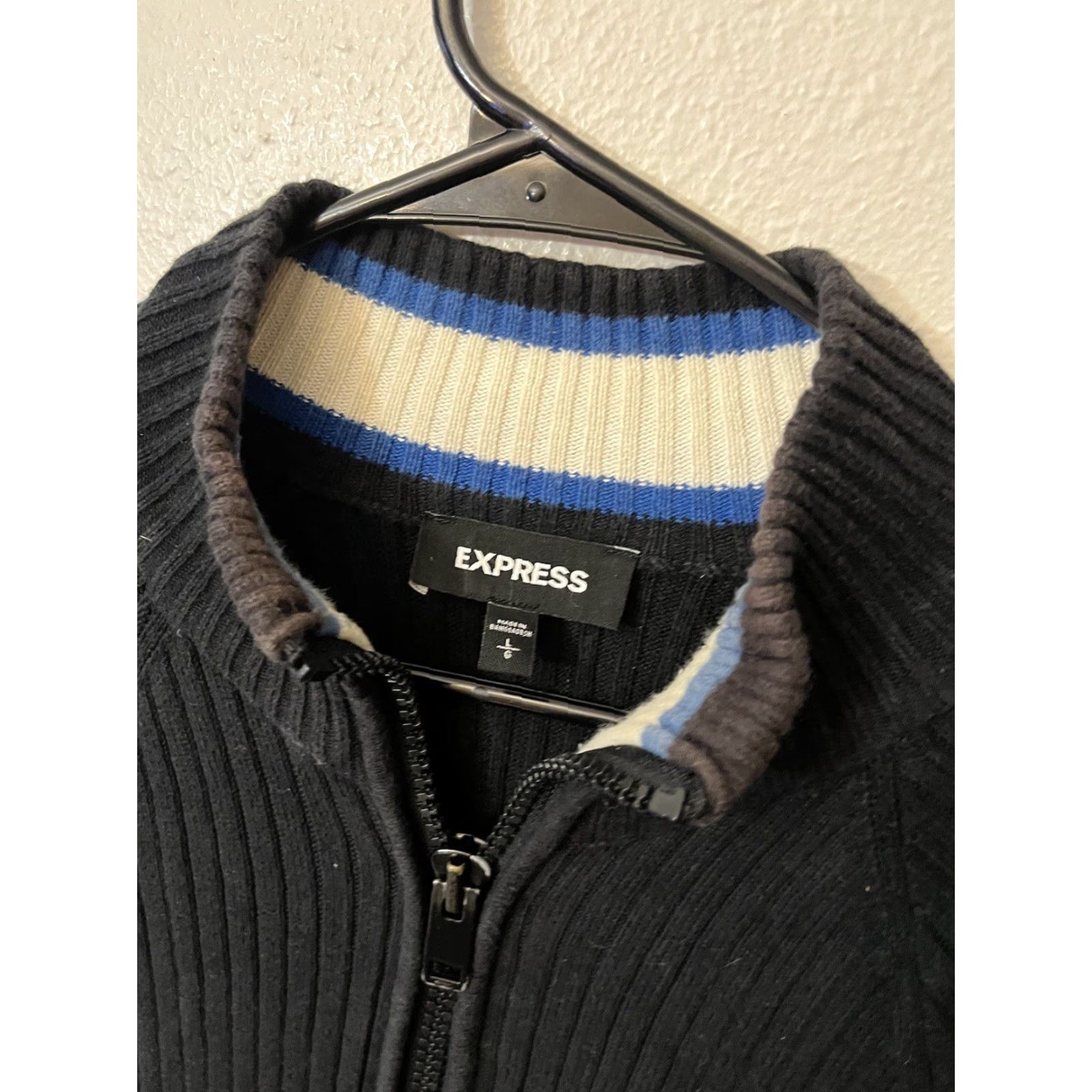 Express VINTAGE Express Sweater Womens Large Black Ribbed Knit Zip Up Slim Fit Stretch Cardigan Size L / US 10 / IT 46 - 4 Thumbnail