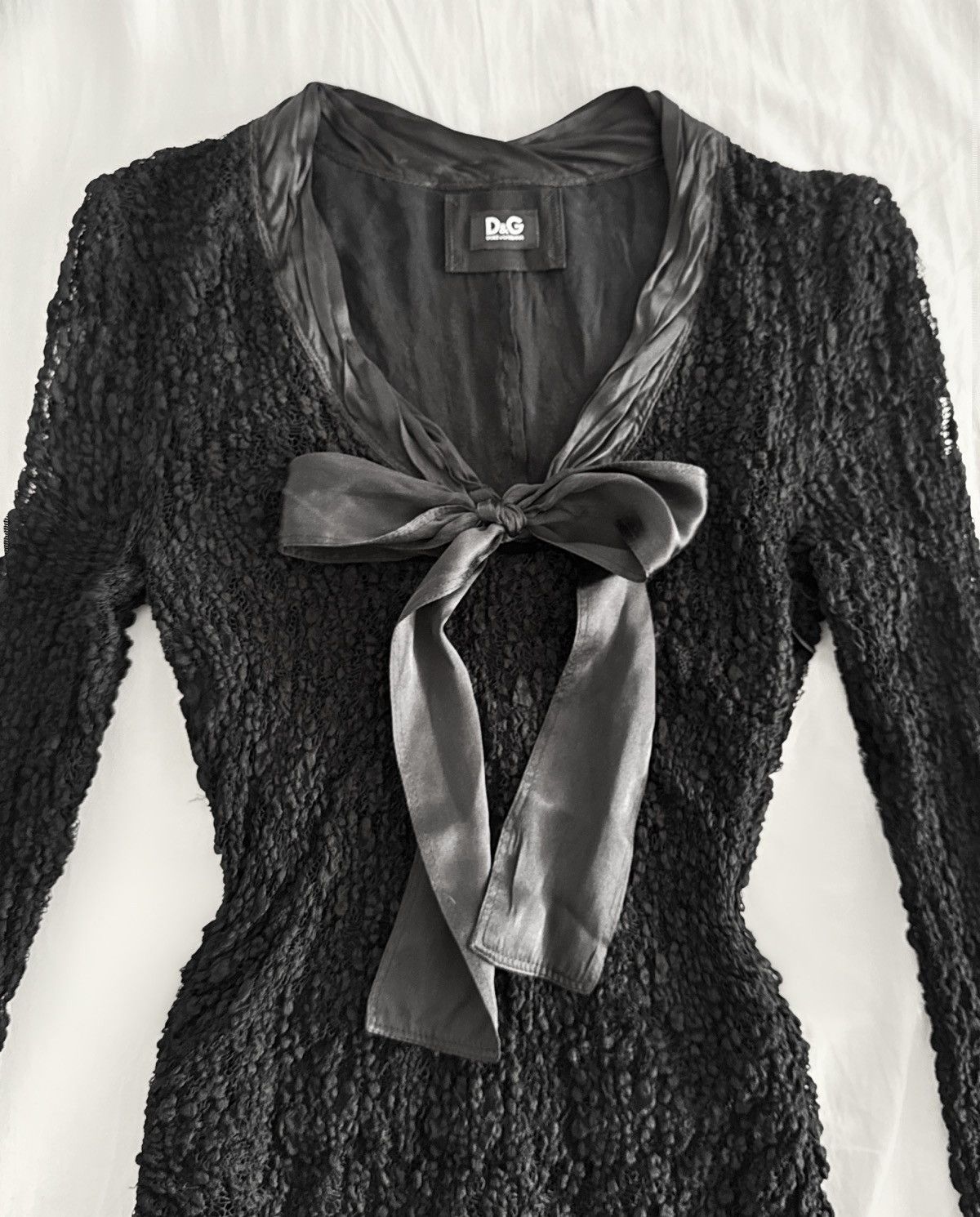 Dolce & Gabbana D&G Dolce & Gabbana black textured lace dress with satin bow Size S / US 4 / IT 40 - 9 Thumbnail