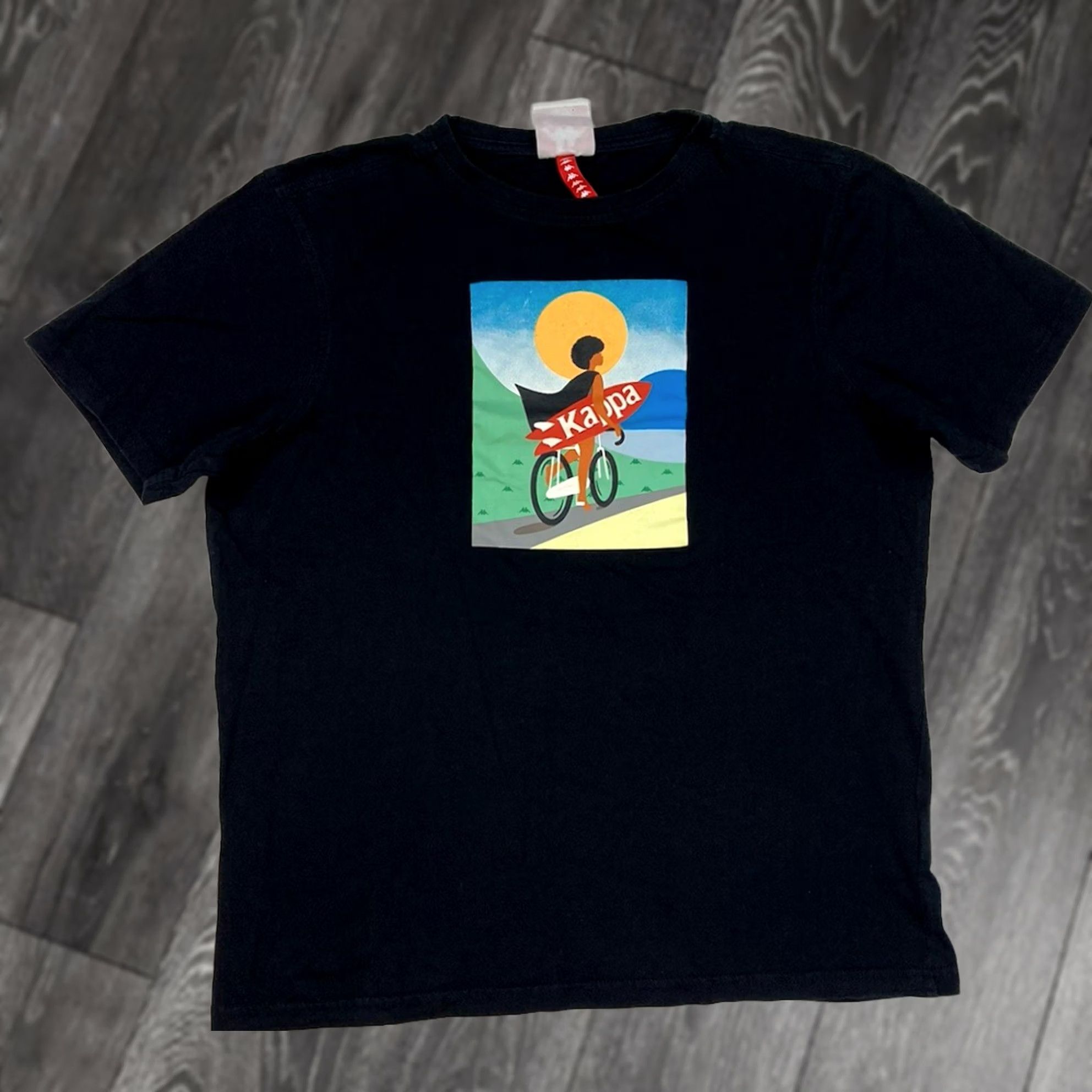 Kappa Kappa Surf Bicycle Art Graphic T-shirt Women Small Black Short Sleeve Shirt Size S / US 4 / IT 40 - 1 Thumbnail