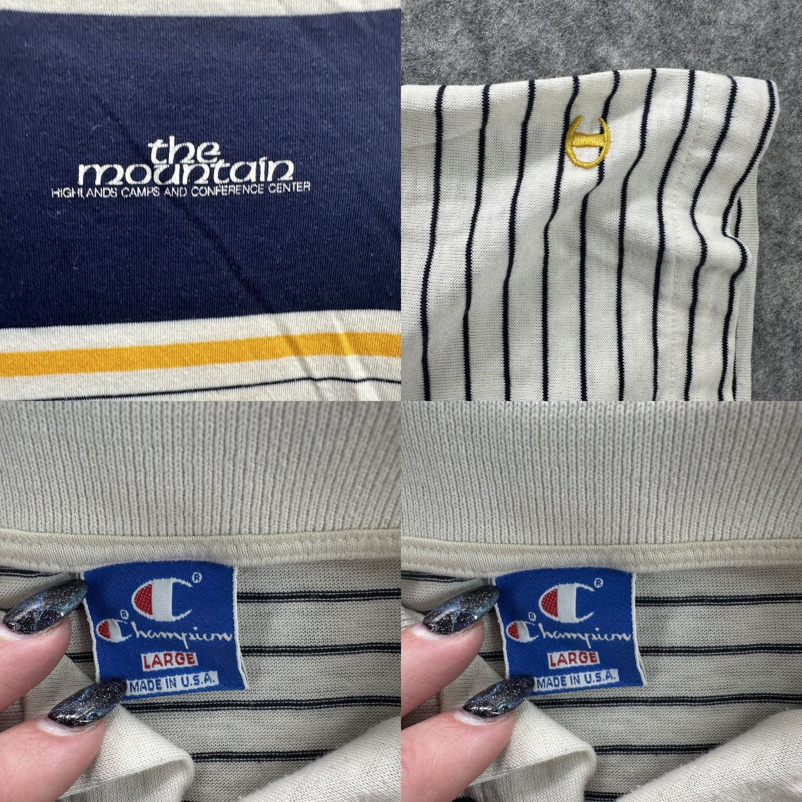 Champion VINTAGE Champion Polo Shirt Mens Large White Navy Striped The Mountain 90s USA Size US L / EU 52-54 / 3 - 8 Thumbnail