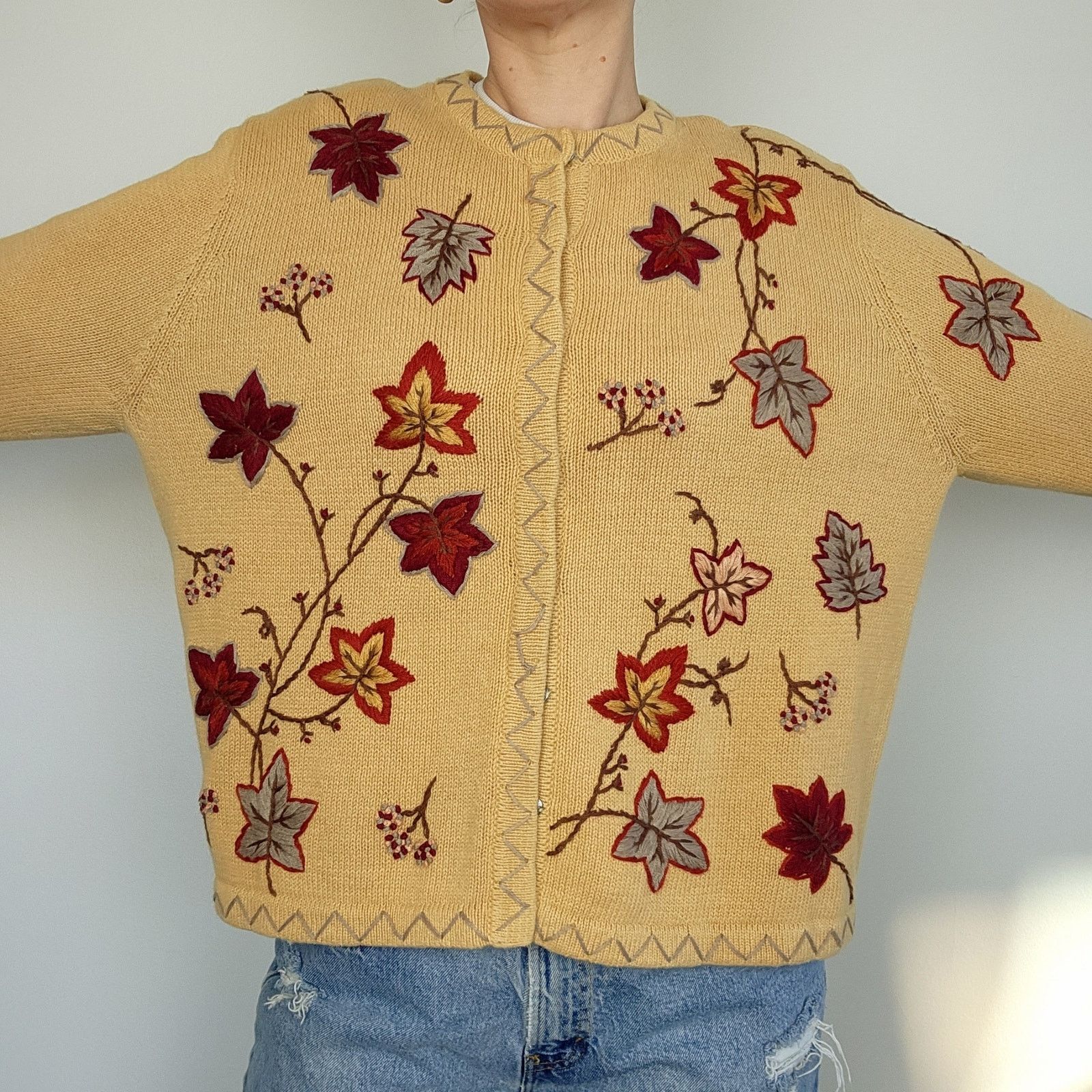 Other Vintage Leaf Cardigan Sweater Embroidered Cotton XL Size XL / US 12-14 / IT 48-50 - 2 Thumbnail