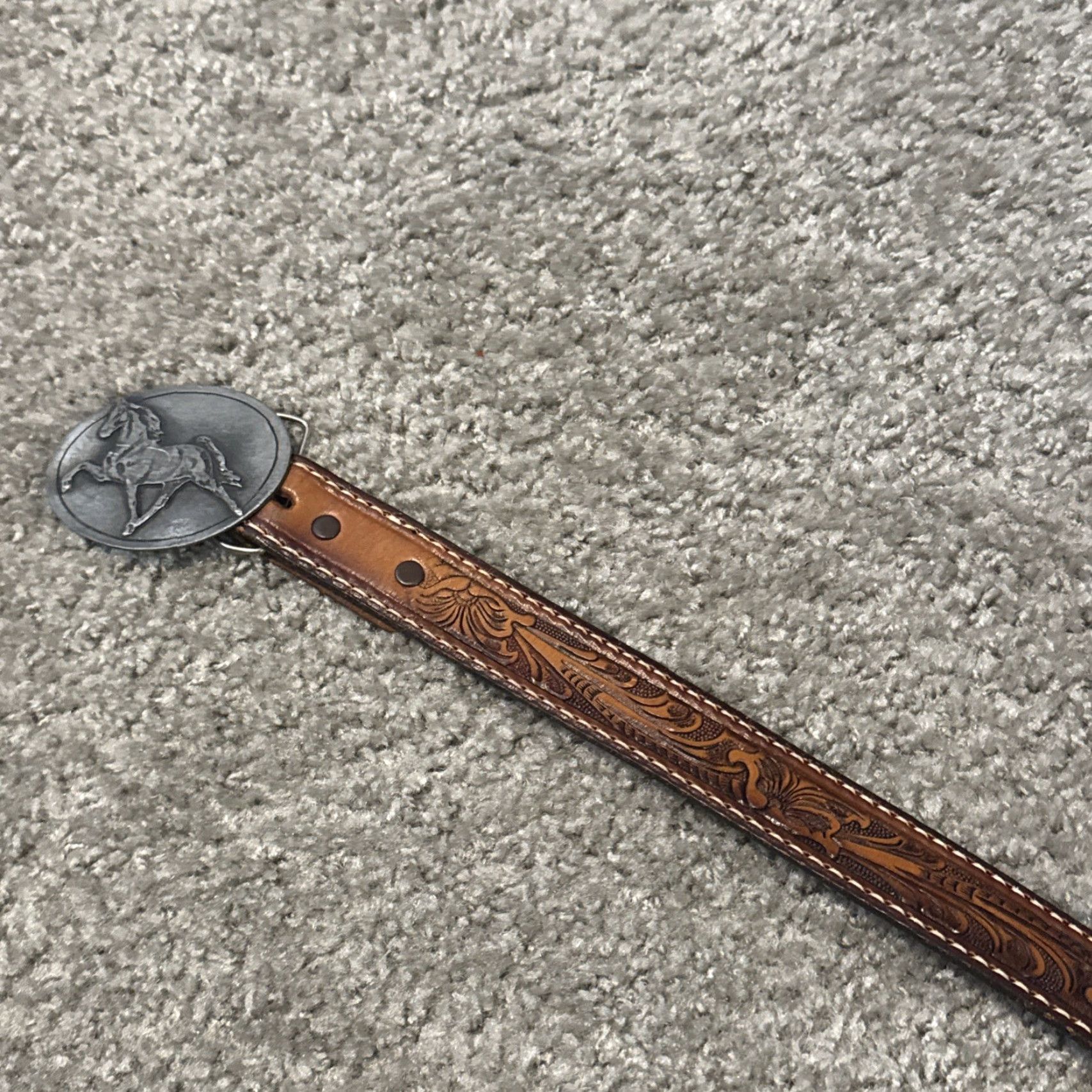 Tony Lama VINTAGE Tony Lama Inlay Leather Belt Pewter Horse Buckle Brown Adult Unisex 26” Size ONE SIZE - 3 Thumbnail