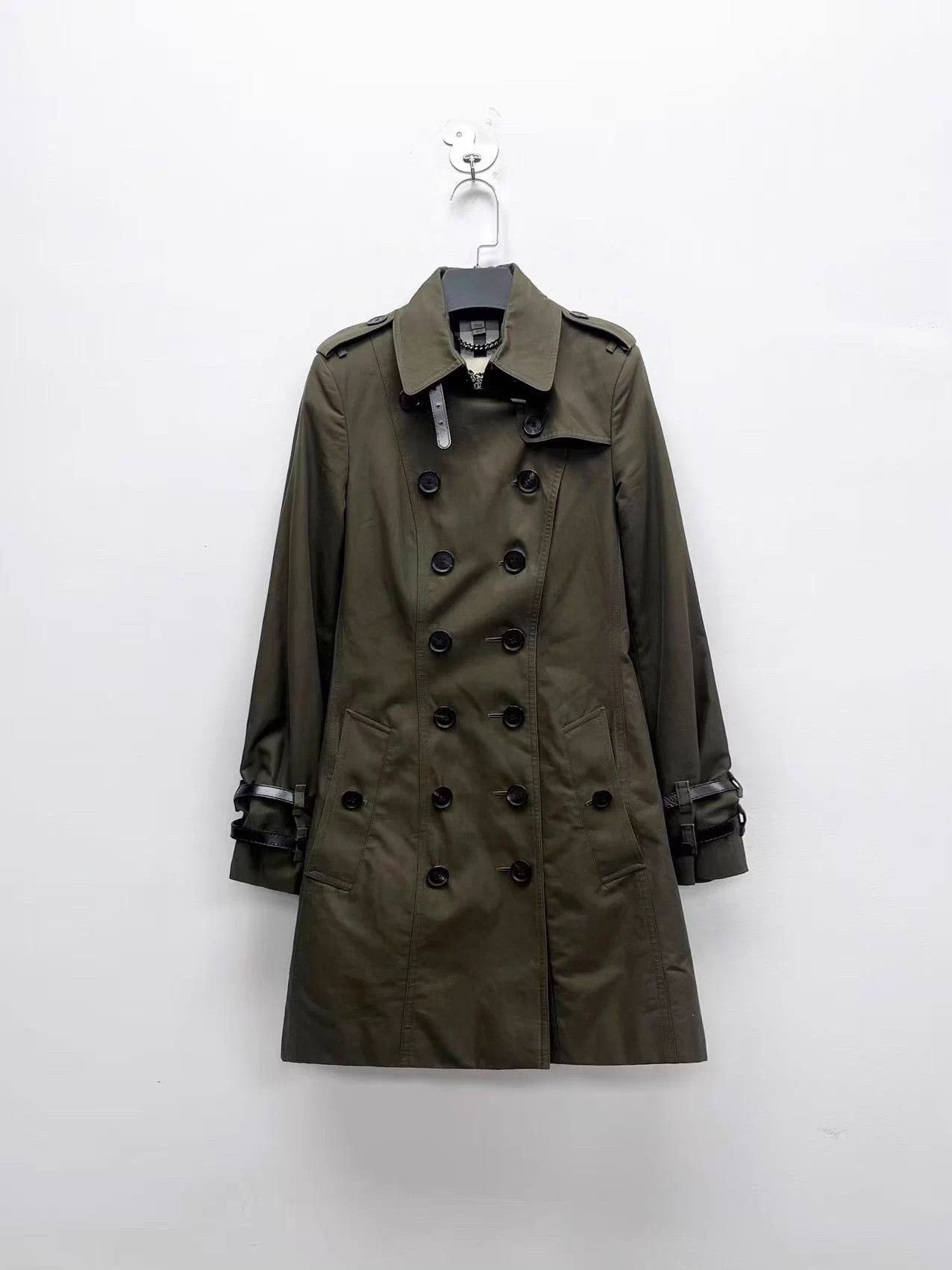 Burberry Burberry Brown-Green Leather-Button Cuff-Strap Trench UK4 Size XS / US 0-2 / IT 36-38 - 1 Thumbnail