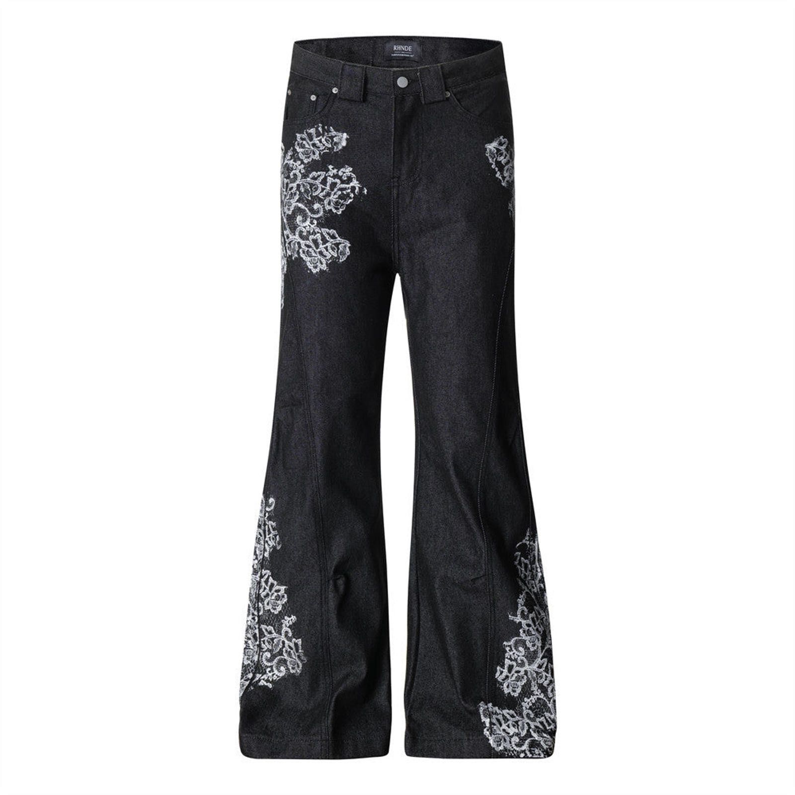 Other Black Flared Denim Jeans with White Floral Embroidery Size US 30 / EU 46 - 1 Thumbnail