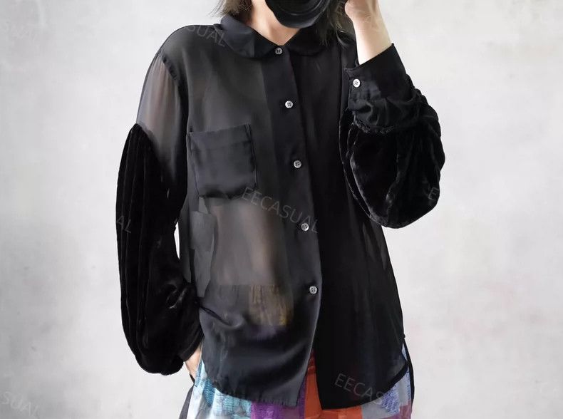 Comme des Garcons Comme Des Garcons Black Velvet Shirt with Lantern Sleeves Size M / US 6-8 / IT 42-44 - 2 Thumbnail