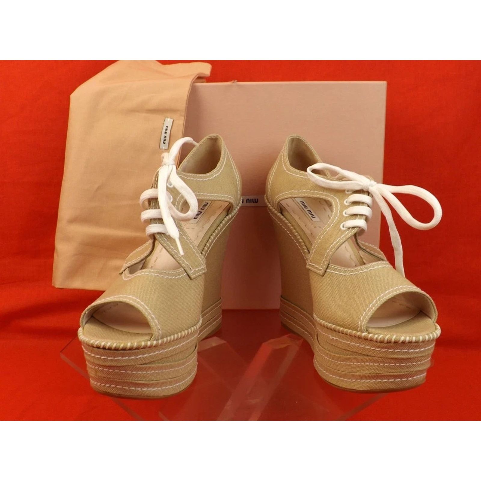 Miu Miu MIU MIU PRADA 5KZ006 BEIGE CANVAS OPEN TOE WEDGE PUMPS 39.5 Size US 9.5 / IT 39.5 - 7 Thumbnail