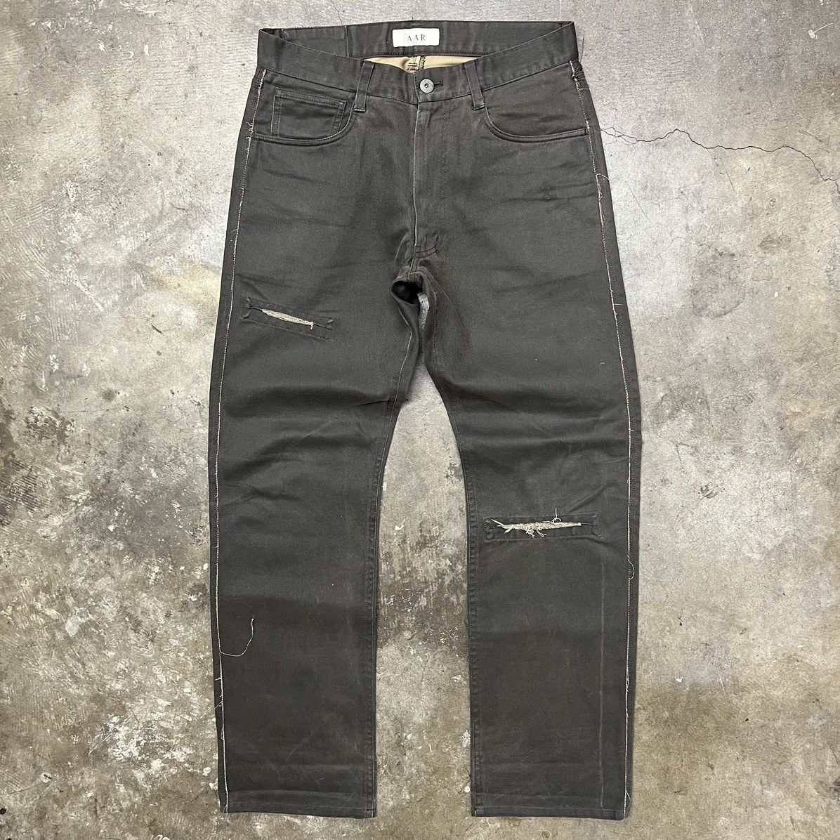 image of Yohji Yamamoto Yohji Aar Raw Hem Distressed Military Trousers in Olive, Men's (Size 30)