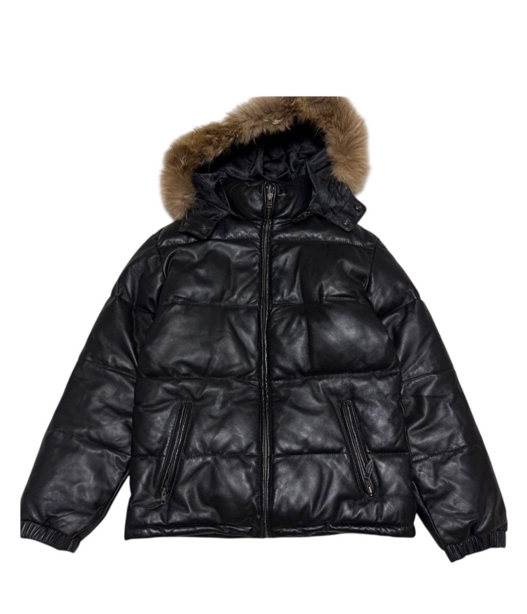 Other MOD Mens Sheepskin Leather Down Jacket With Fur Hood - Black Size US L / EU 52-54 / 3 - 1 Thumbnail