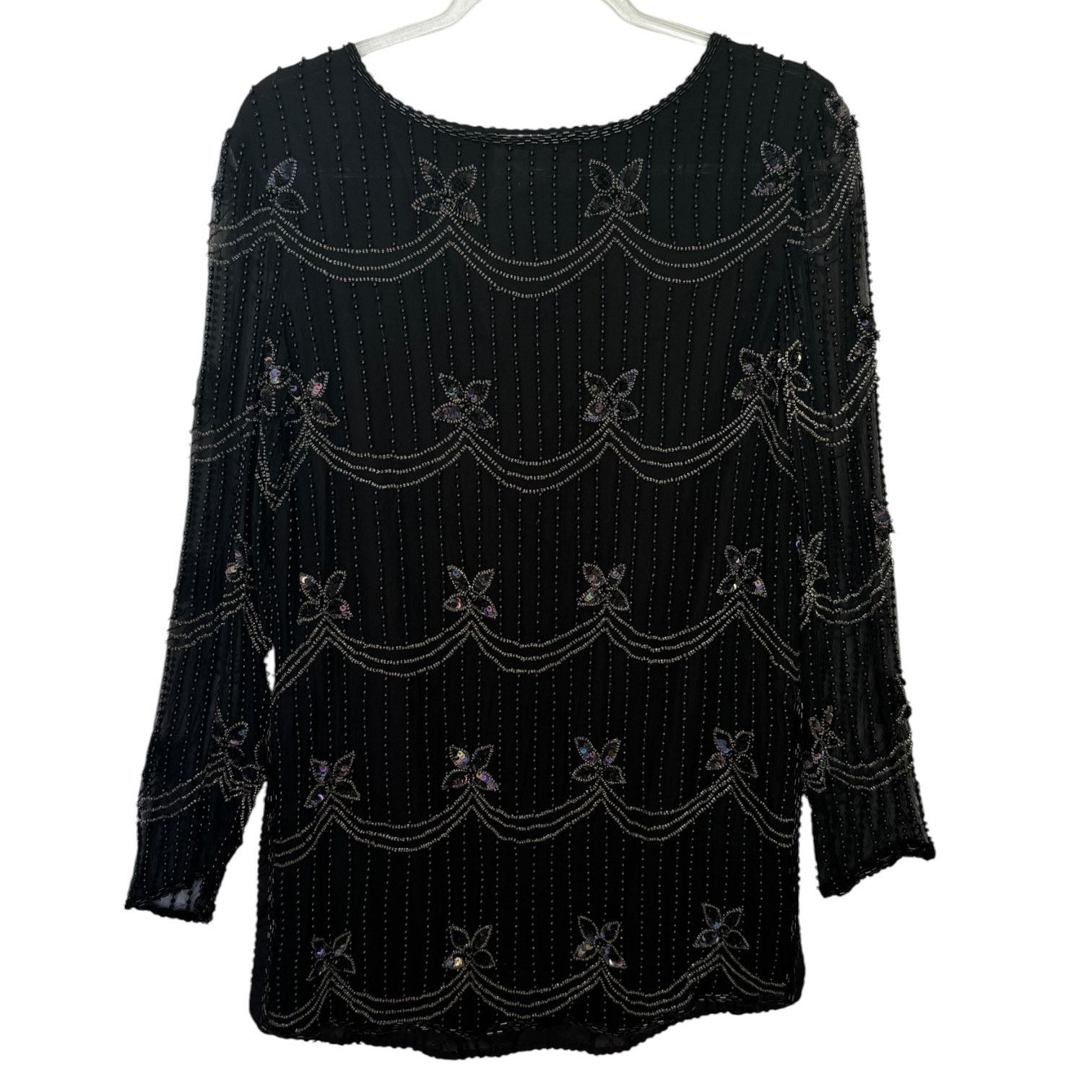 Vintage 1990s Papell Boutique Silk Beaded Sequin Top Black S/M Size S / US 4 / IT 40 - 2 Thumbnail