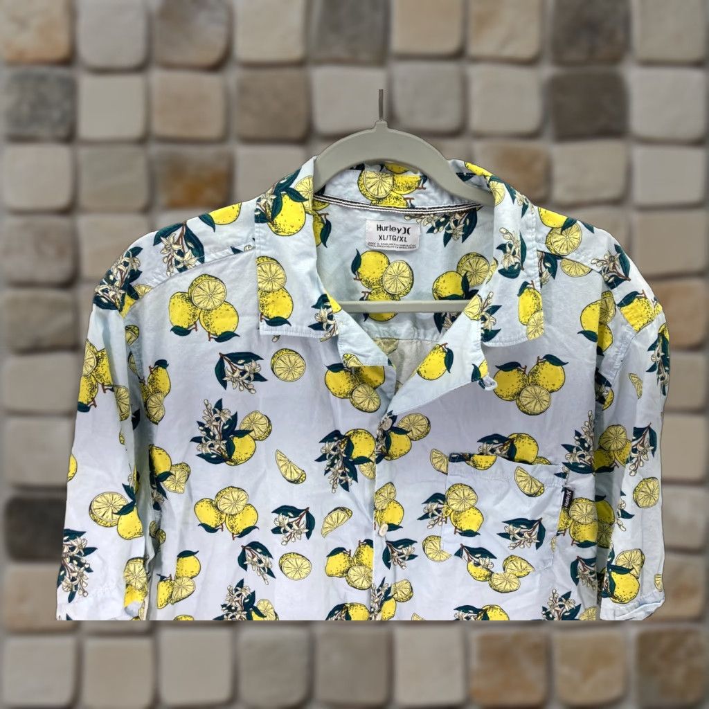 Hurley Hurley Button Up Hawaiian Shirt Mens XL Blue Lemon Sunglass Slot Pocket Slim Fit Size US XL / EU 56 / 4 - 1 Thumbnail