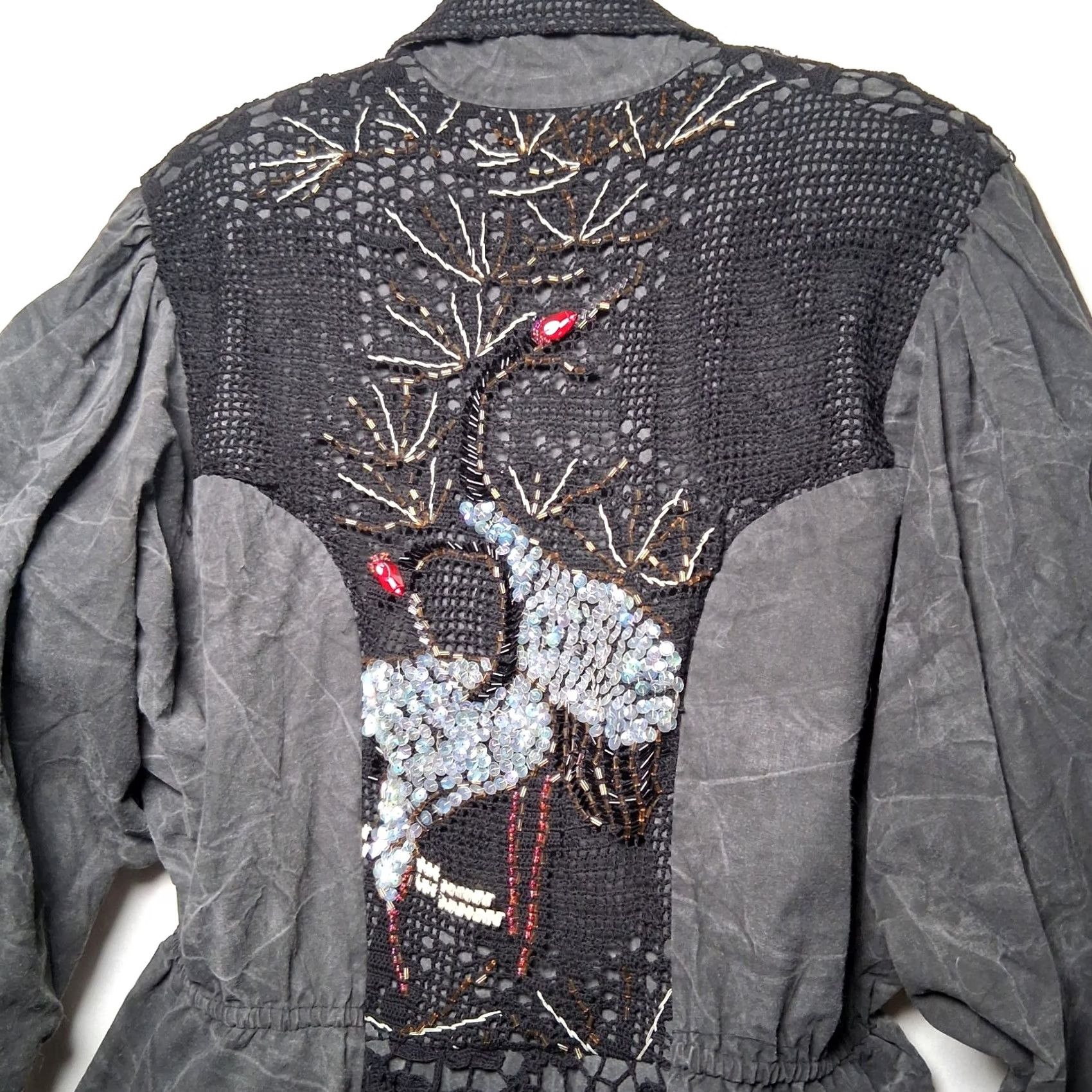 Vintage VINTAGE LIM'S Jacket Womens Short Faded Gray Crochet Beaded Crane Bird 90s Statement Piece 1980s 1990s USA Made Size L / US 10 / IT 46 - 6 Thumbnail