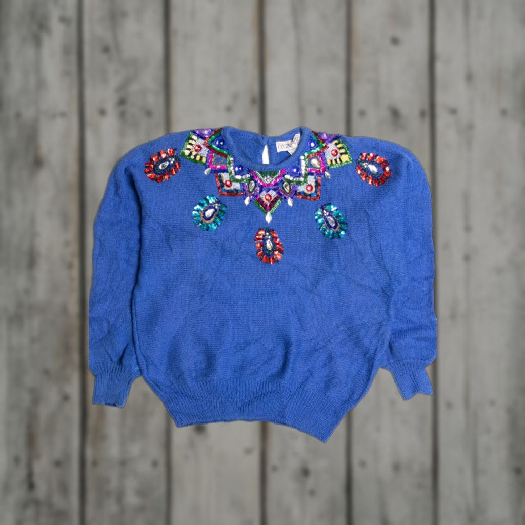 Vintage VINTAGE Crystal-Kobe Sweater Blue Large Beaded Embellished Pullover 80s Women/Mens Size L / US 10 / IT 46 - 1 Thumbnail