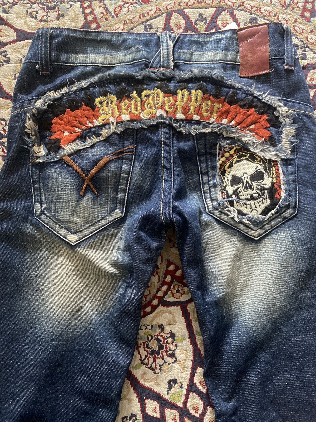 Ed Hardy × In The Attic Red Pepper Embroidered Pocket Flared Denim Jeans Size US 27 - 2 Thumbnail