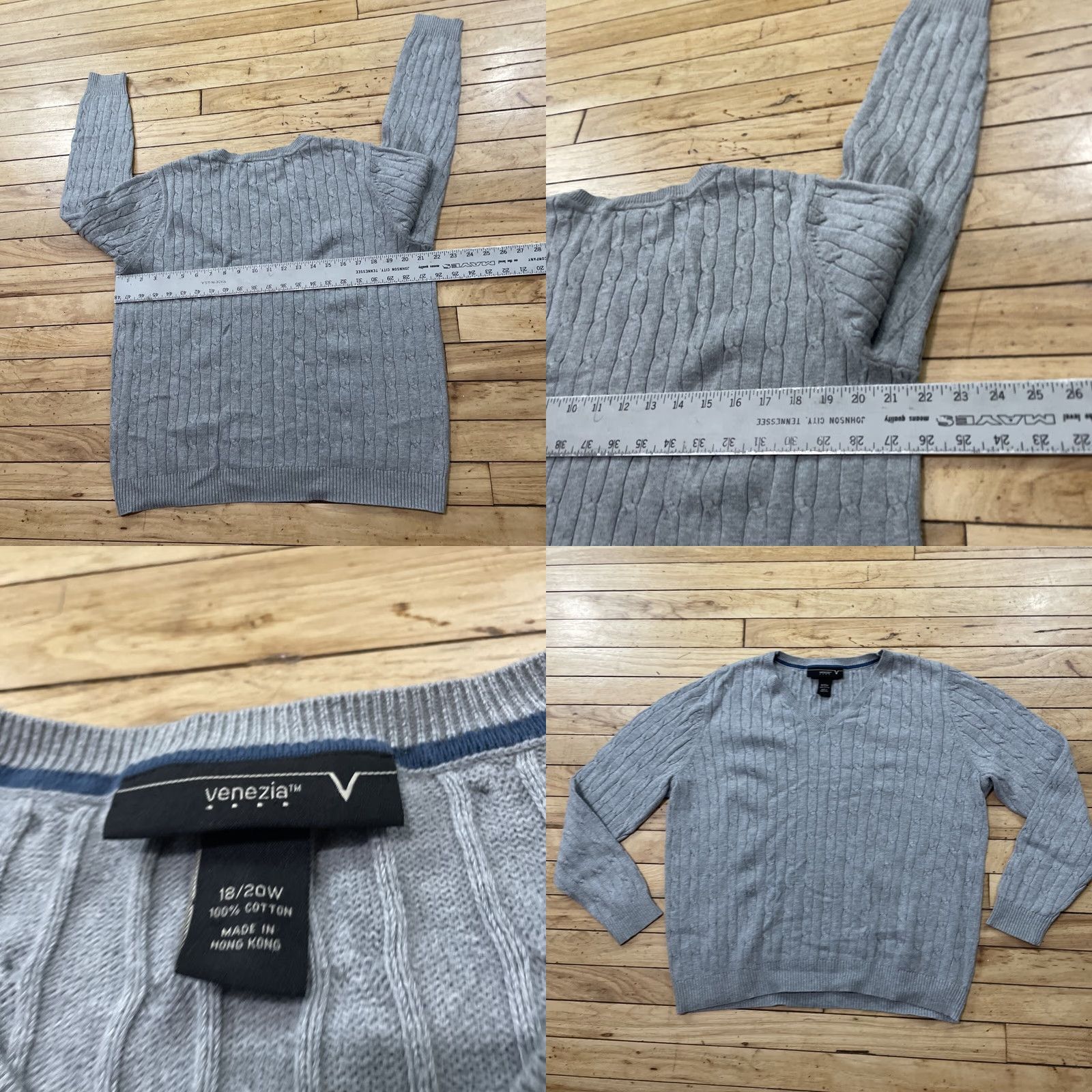 Vintage VENEZIA Vneck CableKnit Sweater Womens 18/20W XL Gray Silver Classic Knit XL Size 3XL / US 20-22 - 8 Thumbnail