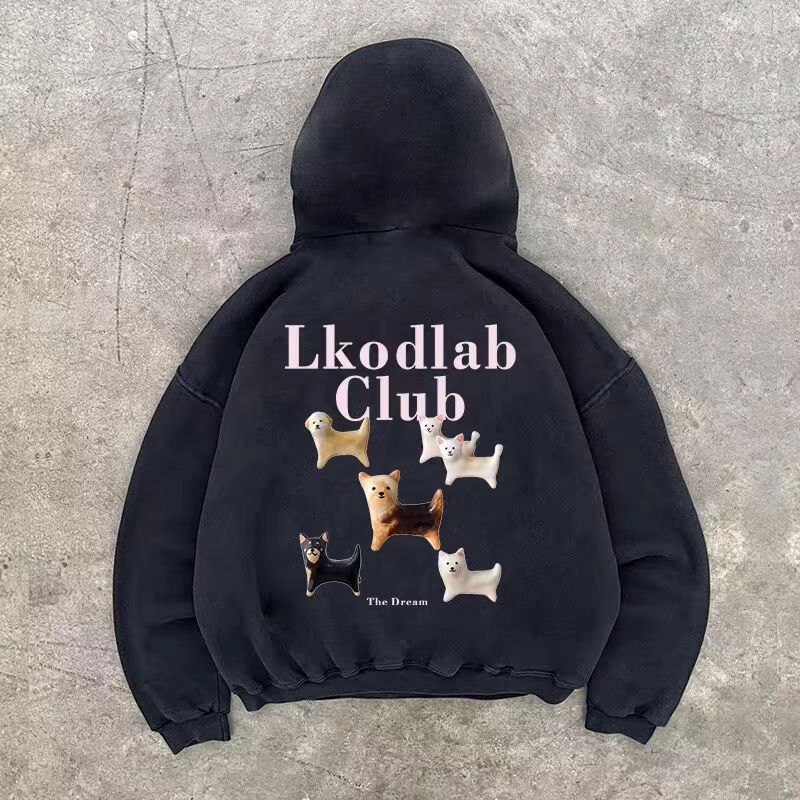 Japanese Brand × Vintage Black washed retro puppy print loose hoodie Size US L / EU 52-54 / 3 - 1 Thumbnail