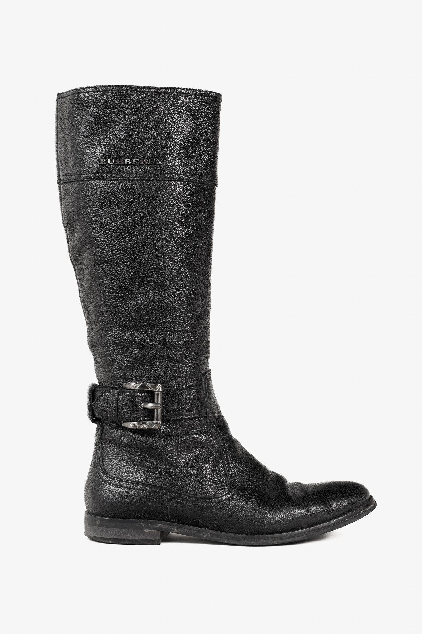 Burberry Burberry Black Grained Leather Buckled Riding Boots Size US 5.5 / IT 35.5 - 1 Thumbnail