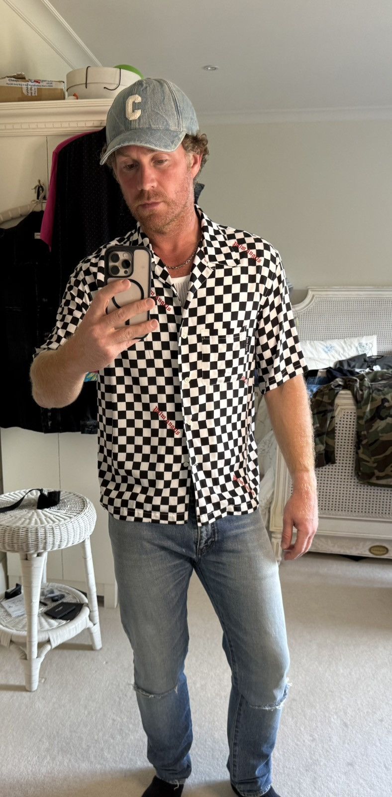 $790 Palm angels checkerboard checker ss hawaiian shirt 52