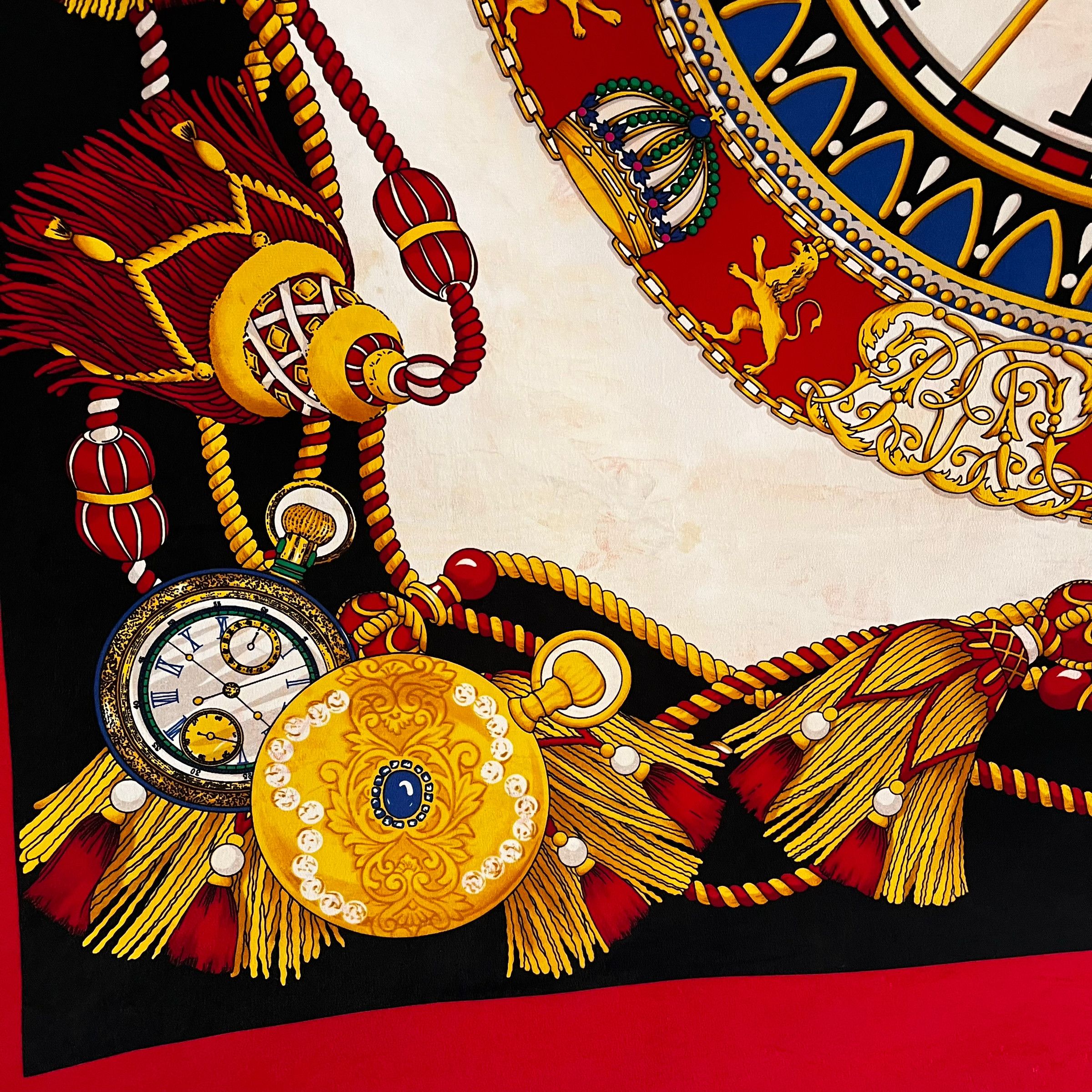 Bob Mackie Vintage 90s Bob Mackie Clock Print Red Silk Scarf Size ONE SIZE - 5 Thumbnail