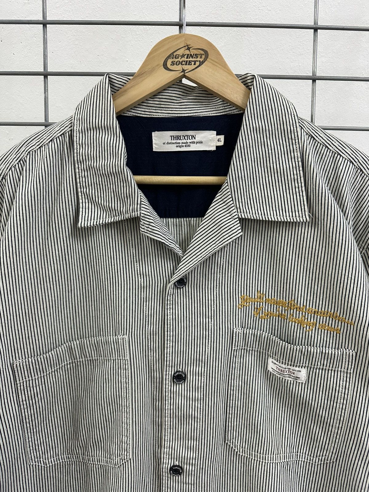 Japanese Brand Thruxton Aesthetic Hickory Stripe Double Pocket Work Shirt Size US XL / EU 56 / 4 - 4 Thumbnail