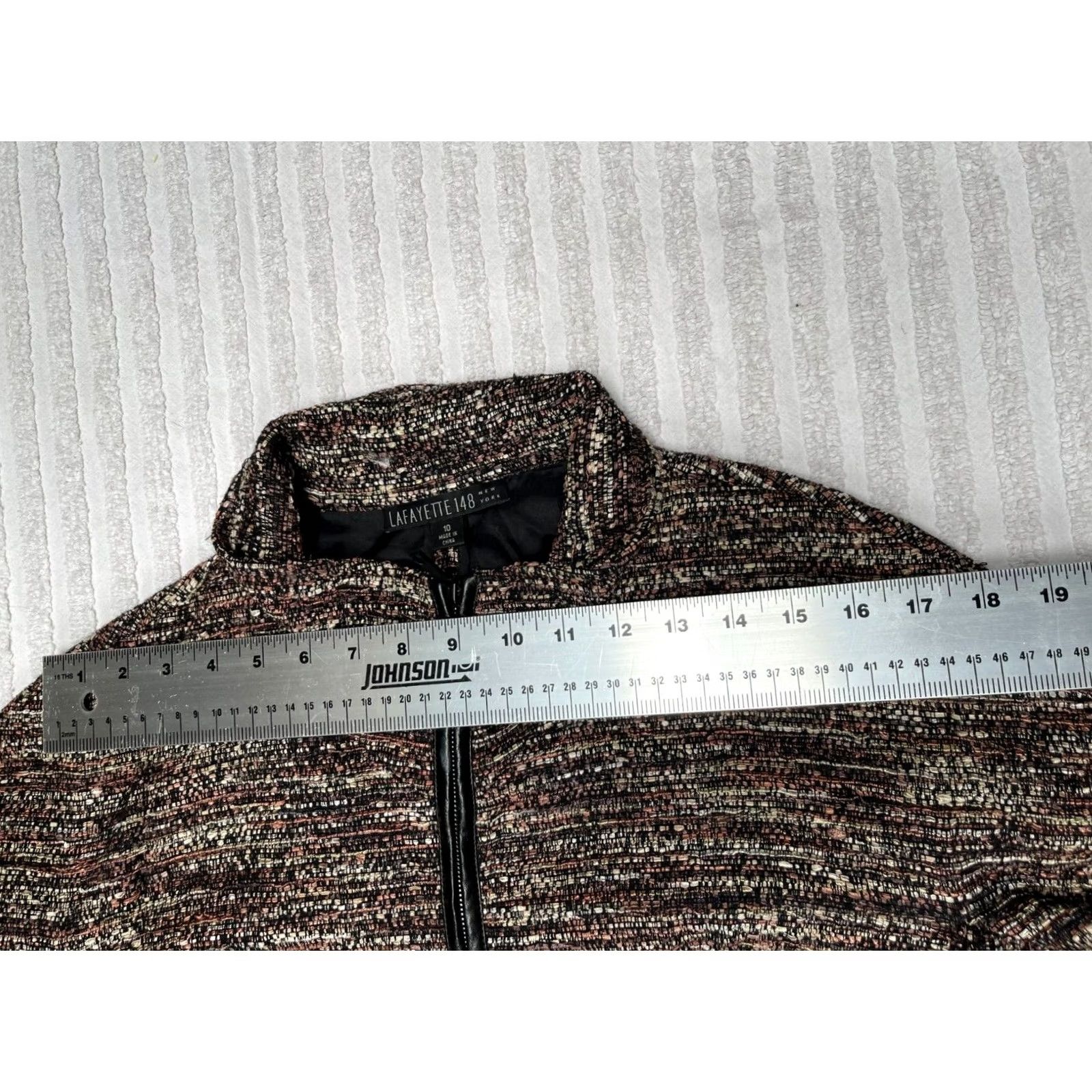 Vintage Lafayette 148 New York Zip Front Tweed Jacket Faux Leather Trim Brown Size 10 Size L / US 10 / IT 46 - 5 Thumbnail