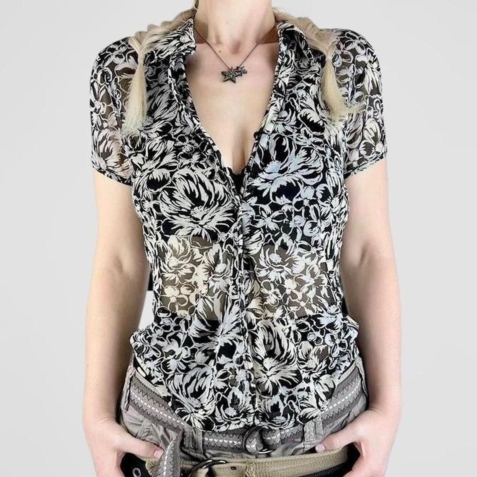 Other gray and black mesh sheer floral top Size M / US 6-8 / IT 42-44 - 2 Thumbnail