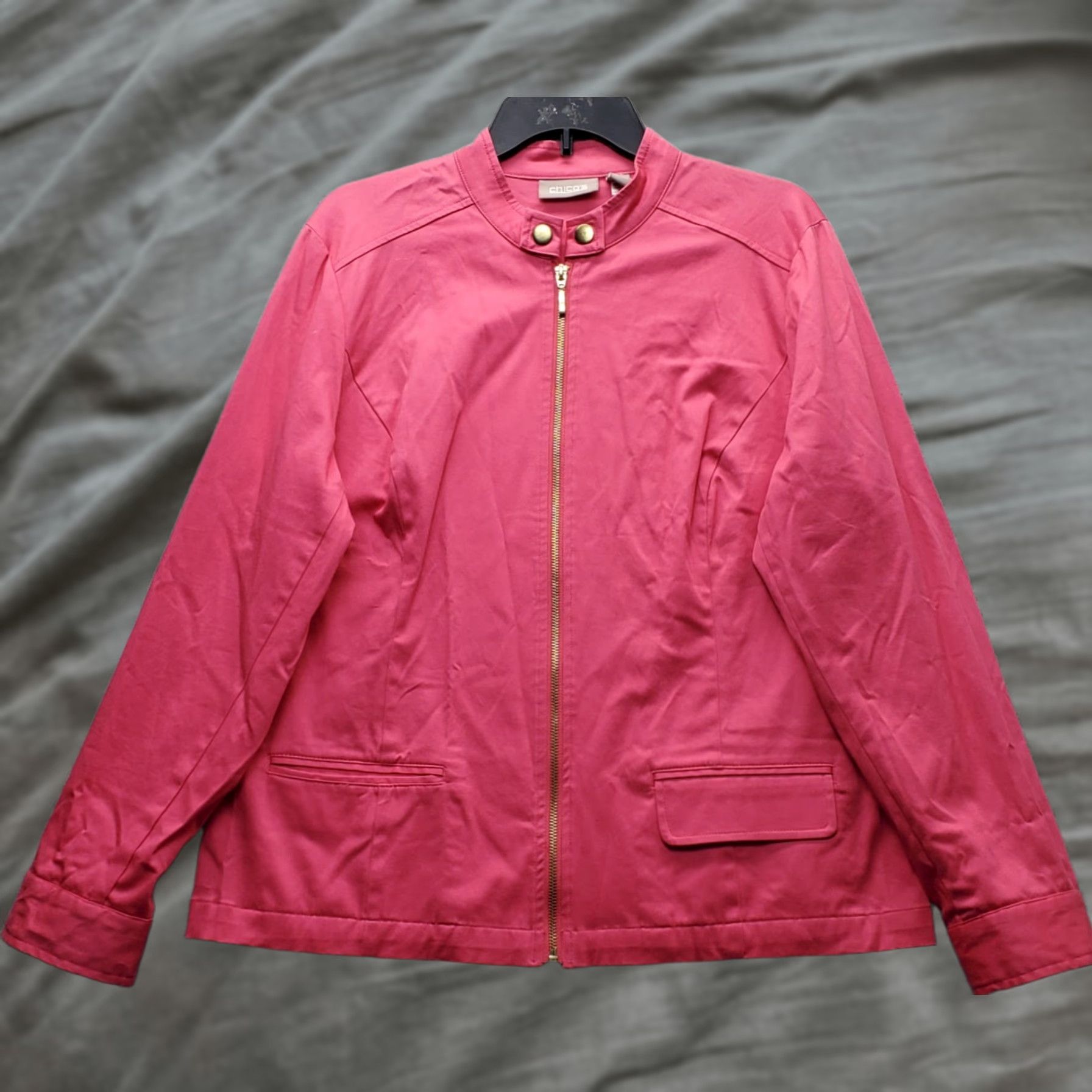 Vintage Chico's Moto Jacket Womens 2 Pink Stretch Jetted Pockets Band Collar Gold Zip Up Jacket Size XS / US 0-2 / IT 36-38 - 1 Thumbnail