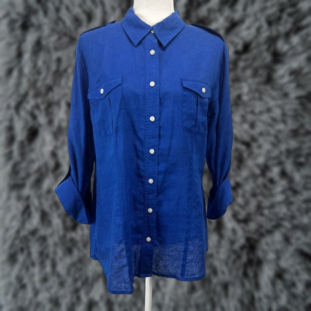 Vintage Chicos Button-Up Shirt Women 2 Blue Linen Blend Long Sleeve Collared Beach Coastal Epaulettes Lightweight Casual Travel Vintage? No Size XS / US 0-2 / IT 36-38 - 1 Thumbnail