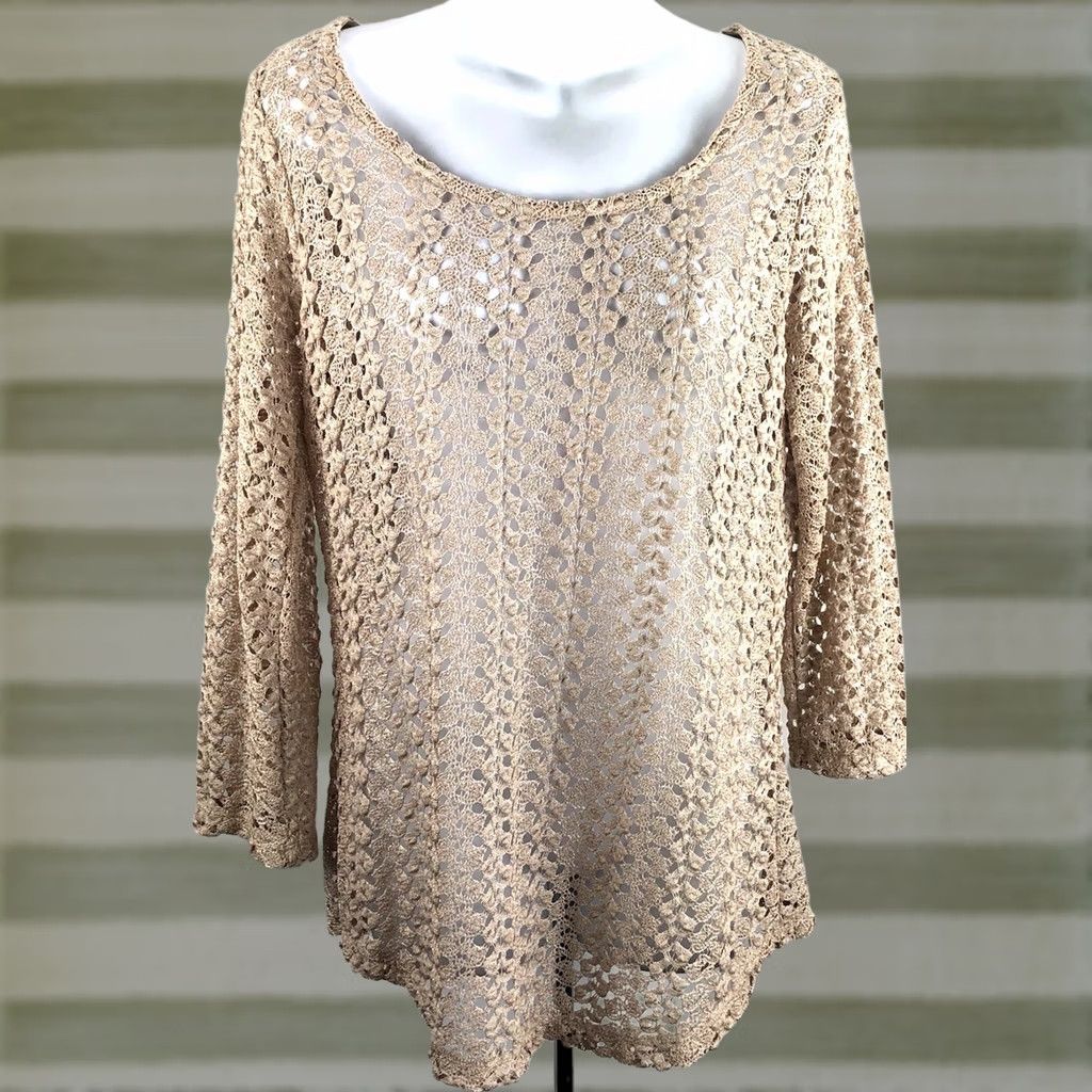 JM Collection JM Crochet Lace Top Tan 3/4 Sleeve Fairy Y2K Pullover Size L / US 10 / IT 46 - 1 Thumbnail