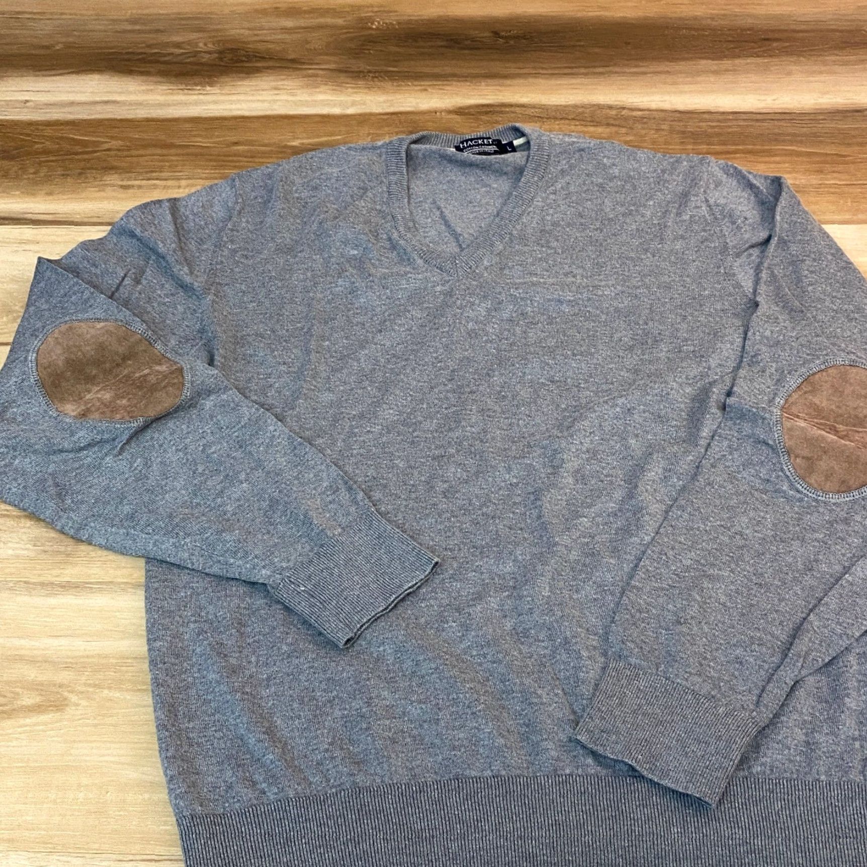 Hackett Hackett London Sweater Men L Gray Cotton Cashmere V-Neck Elbow Patches Italy Size US L / EU 52-54 / 3 - 3 Thumbnail