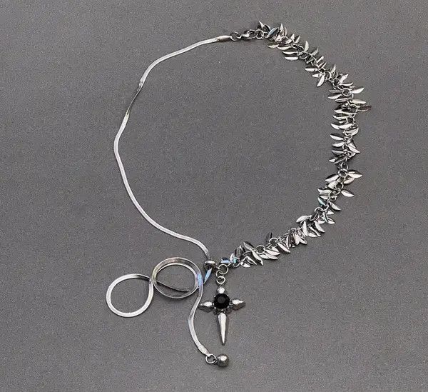 Jewelry Silver Leaf Chain Necklace with Black Cross Pendant Size ONE SIZE - 2 Thumbnail