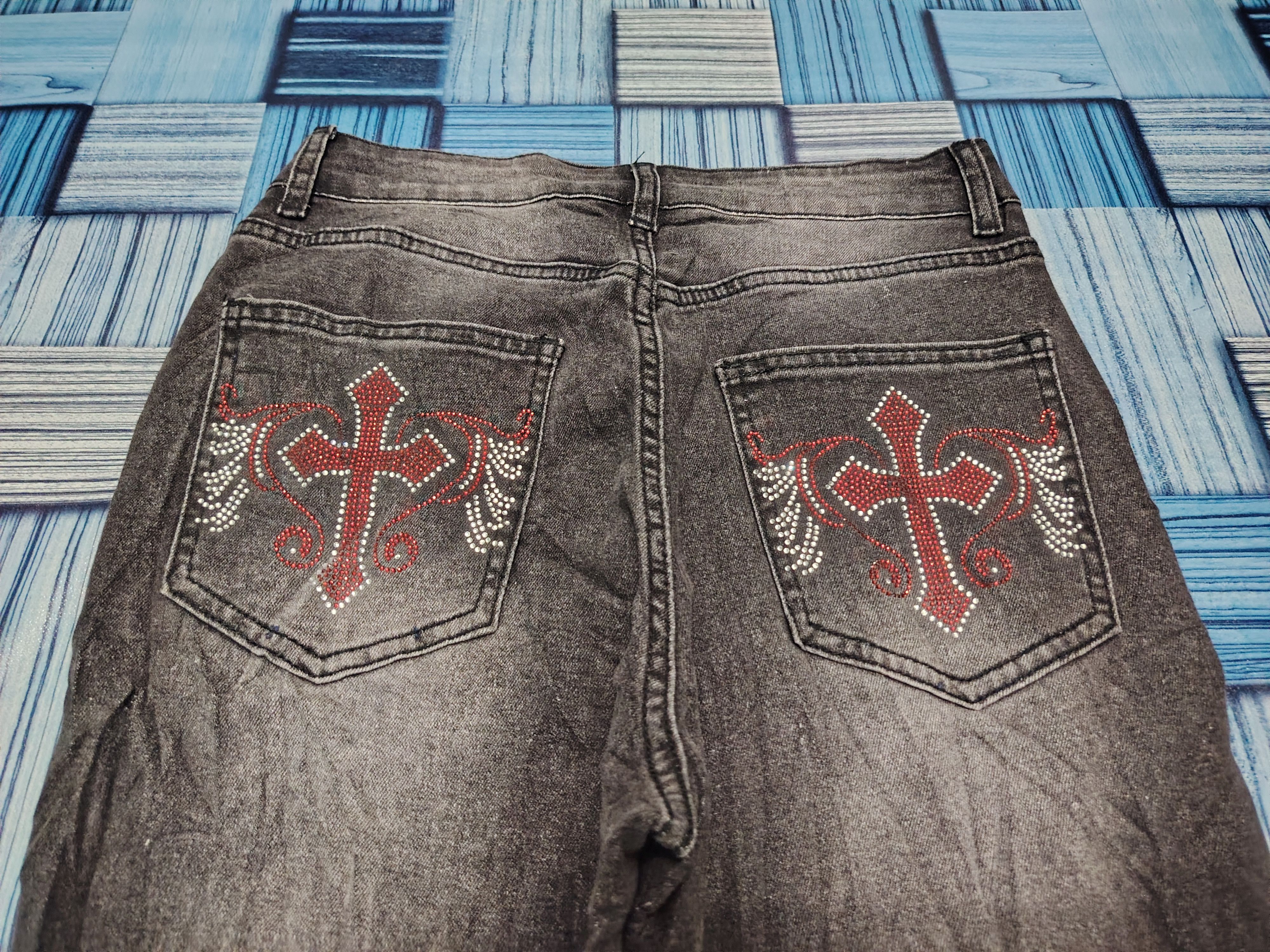 If Six Was Nine Japanese ROMWE Mega Flared Jeans Cross CH style Size US 26 / EU 42 - 14 Thumbnail