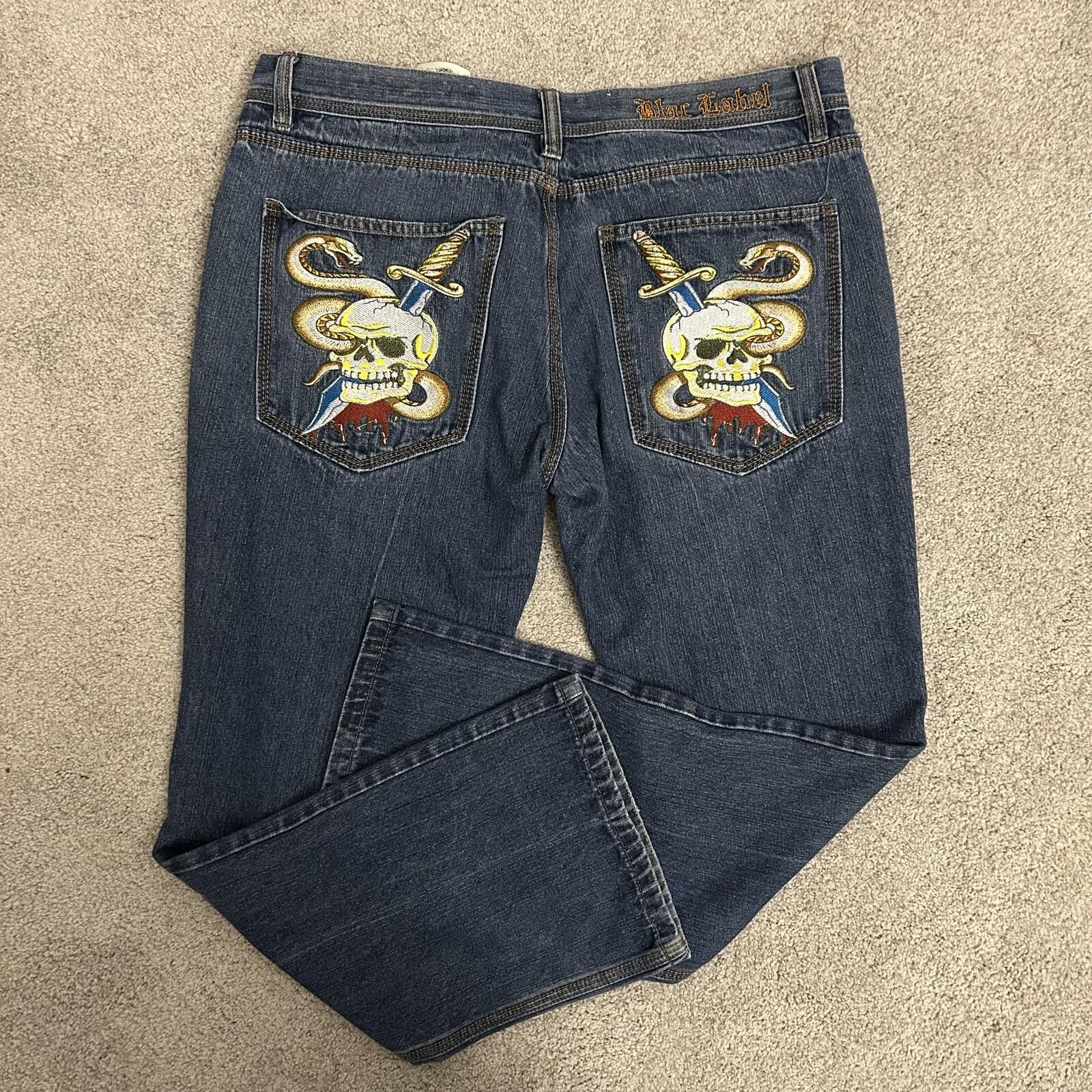 Black Label Blac Label men’s 38x30 Jeans w/ Embroidered Skull NO BUTTON Size US 38 / EU 54 - 2 Thumbnail