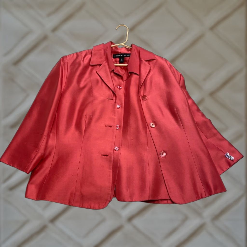 VINTAGE Josephine Chaus Blouse Womens 16 Red Silk Button-Up Long