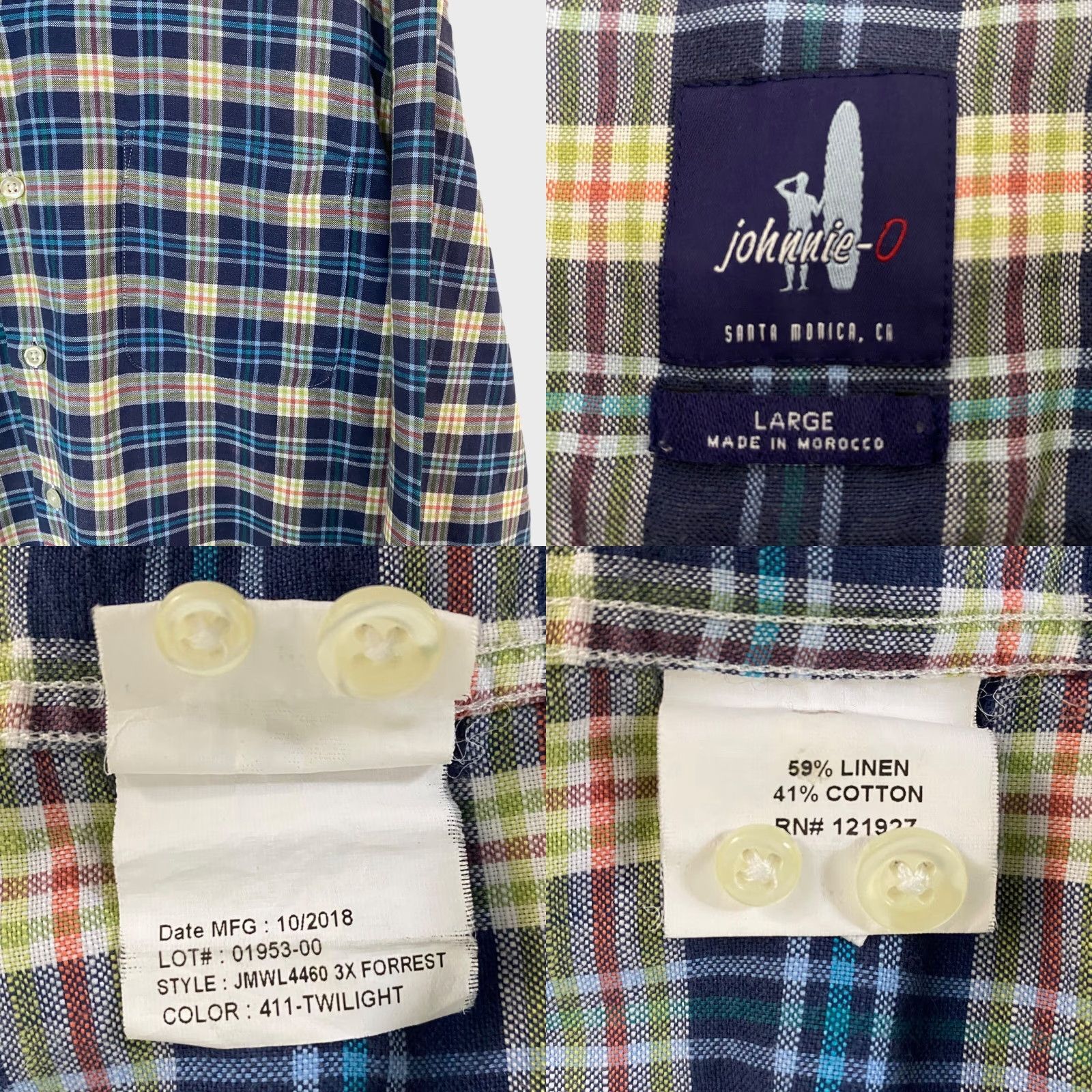 johnnie-O Johnnie-O Button Down Shirt Linen Blend Blue Yellow Plaid Long Sleeve Large Mens Size US L / EU 52-54 / 3 - 8 Thumbnail