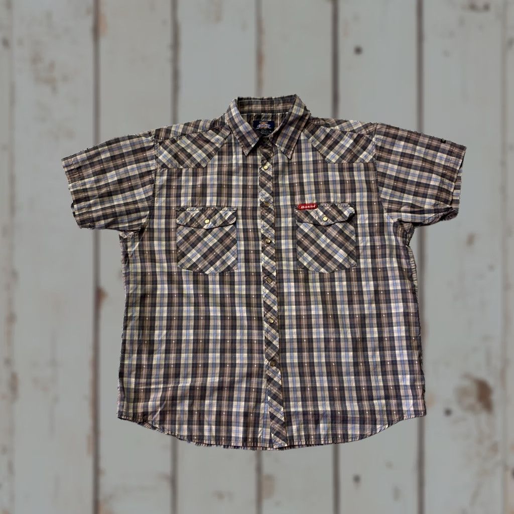 Dickies VINTAGE Dickies Western Shirt XL Plaid Short Sleeve Pearl Snap Mens Regular Beige Cotton Button-Up Pocketed Size US XL / EU 56 / 4 - 1 Thumbnail